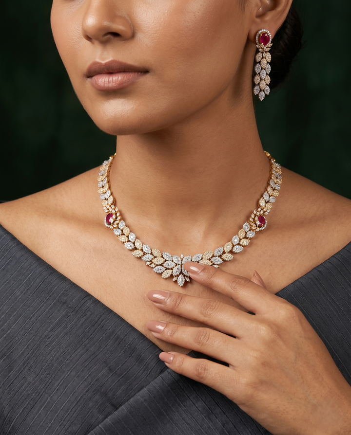 Leaf Design Diamond Necklace Set with Red Stone Accents – Gold Polish