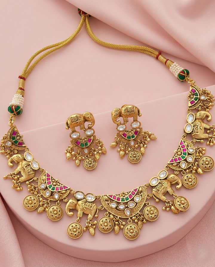 Antique Gold Elephant Motif Temple Necklace Set with Kundan & Meenakari