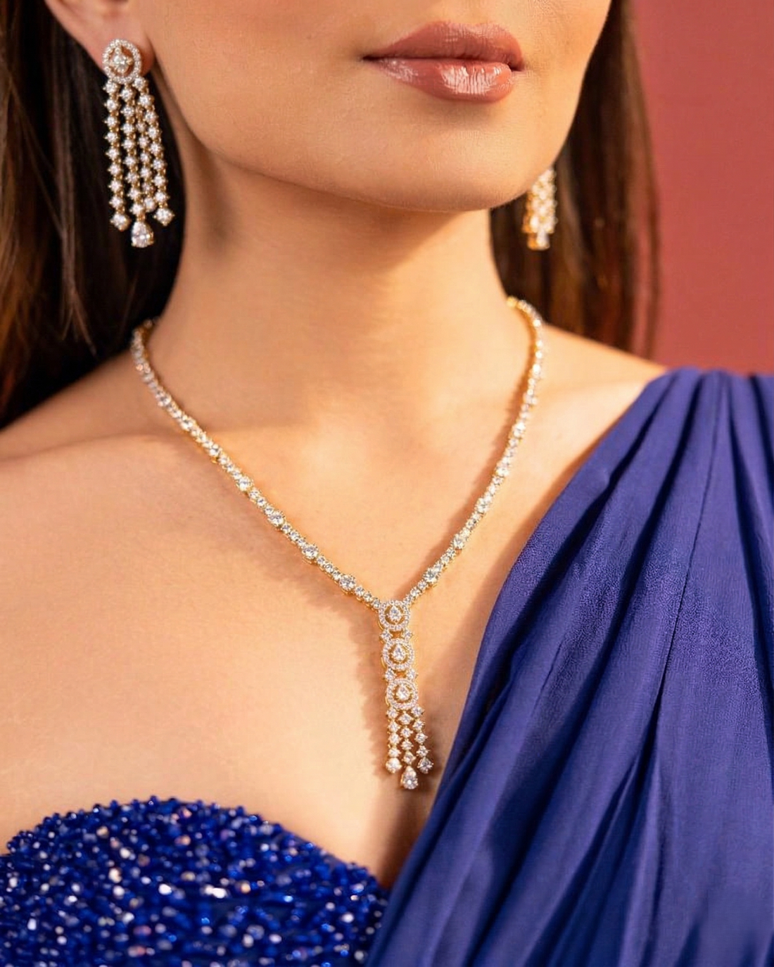 Diamond Style Y-Shape Necklace Set with Matching Earrings