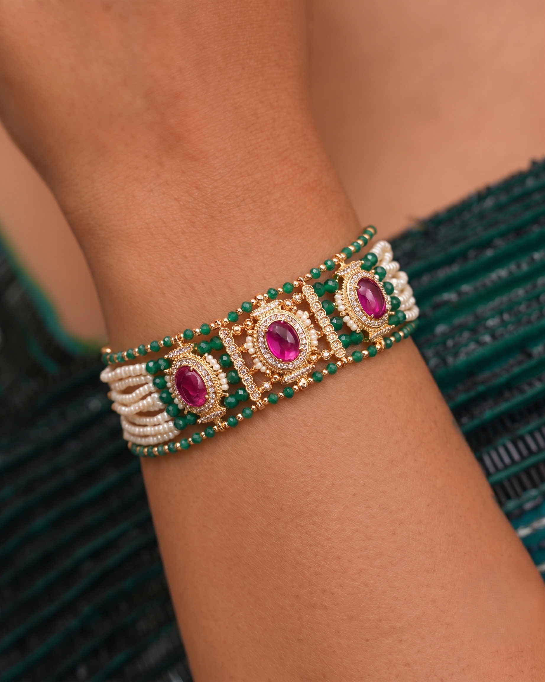 Luxury Ruby Emerald Pearl Multi-Layer Hand Bracelet for Women