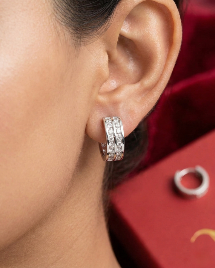 Double Row CZ Hoop Earrings for Women – Gold & Silver Finish