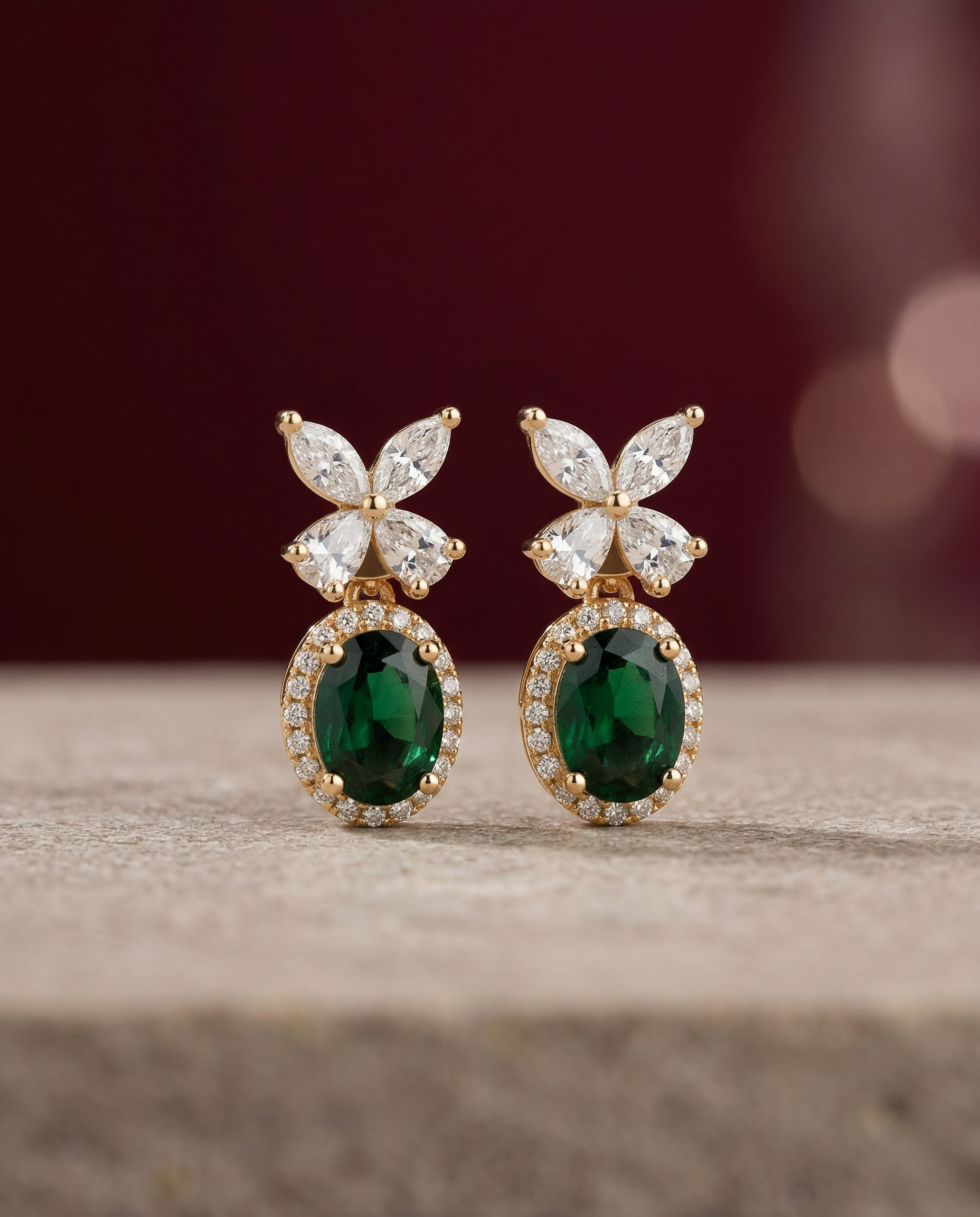 Veloura Bloom Drops – Floral Diamond Oval Earrings in Ruby, Black, White & Green
