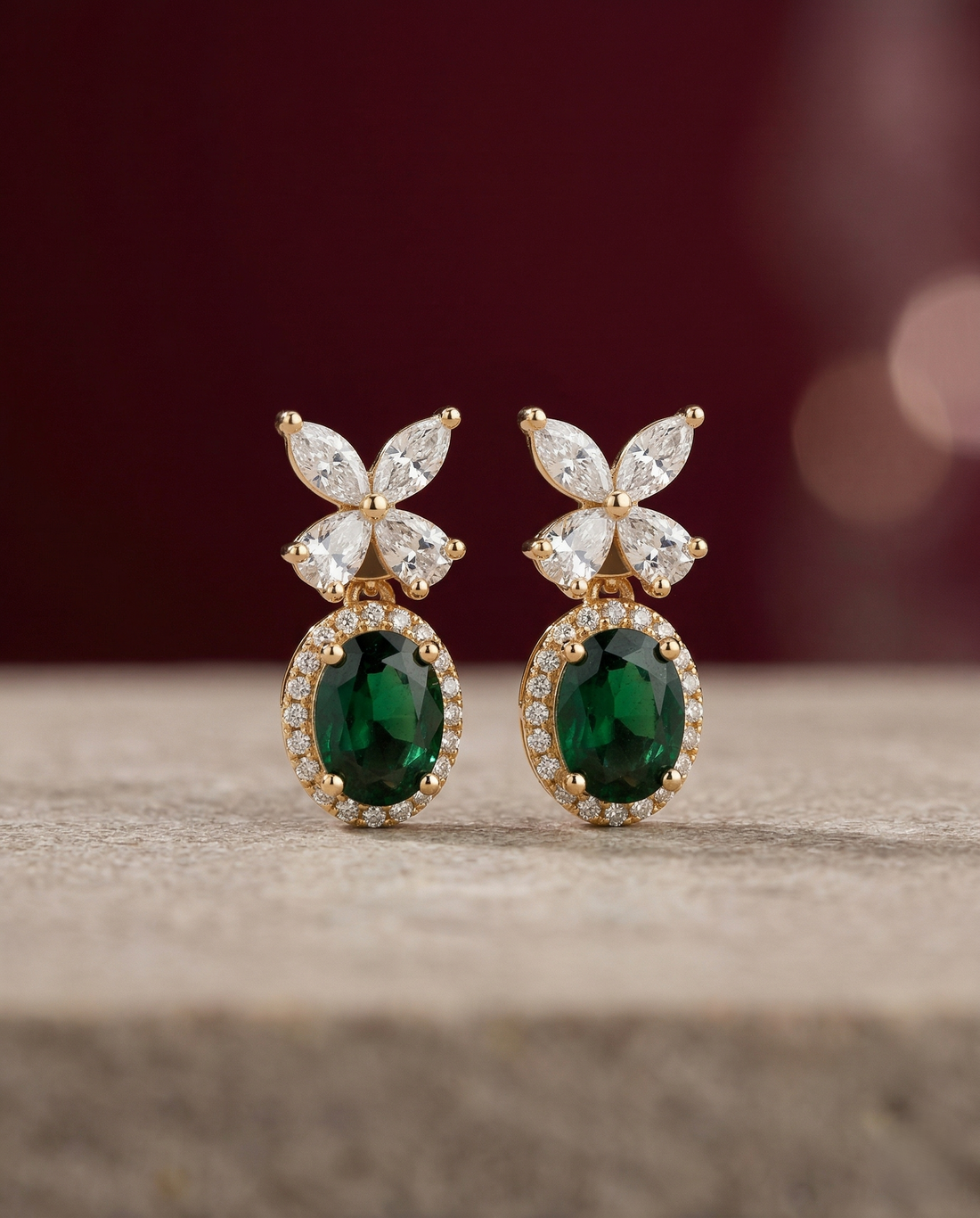 Veloura Bloom Drops – Floral Diamond Oval Earrings in Ruby, Black, White & Green