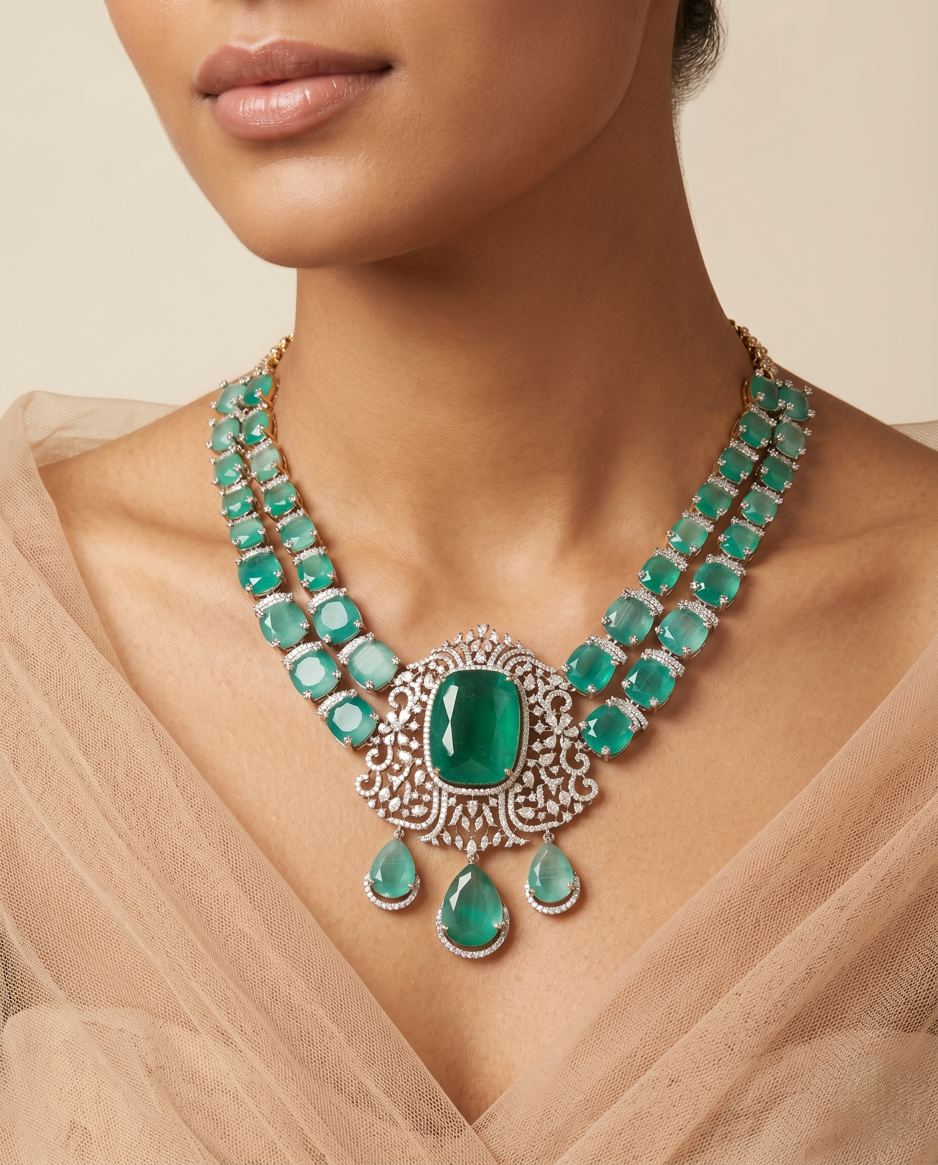 Green Stone Diamond Necklace Set with Matching Earrings – Silver Finish
