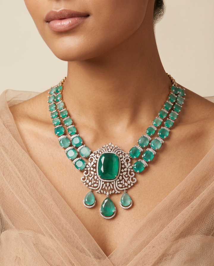 Green Stone Diamond Necklace Set with Matching Earrings – Silver Finish