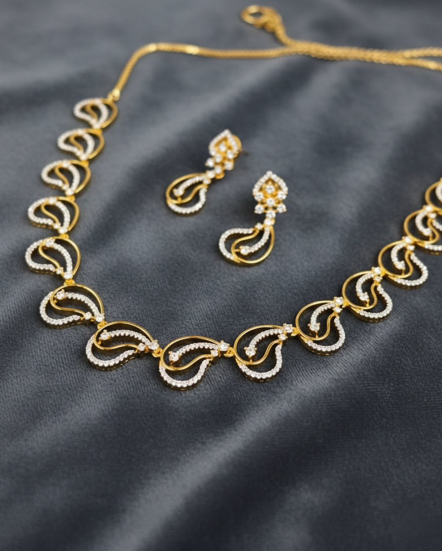 Elegant Wave Design Diamond Style Necklace Set with Matching Earrings
