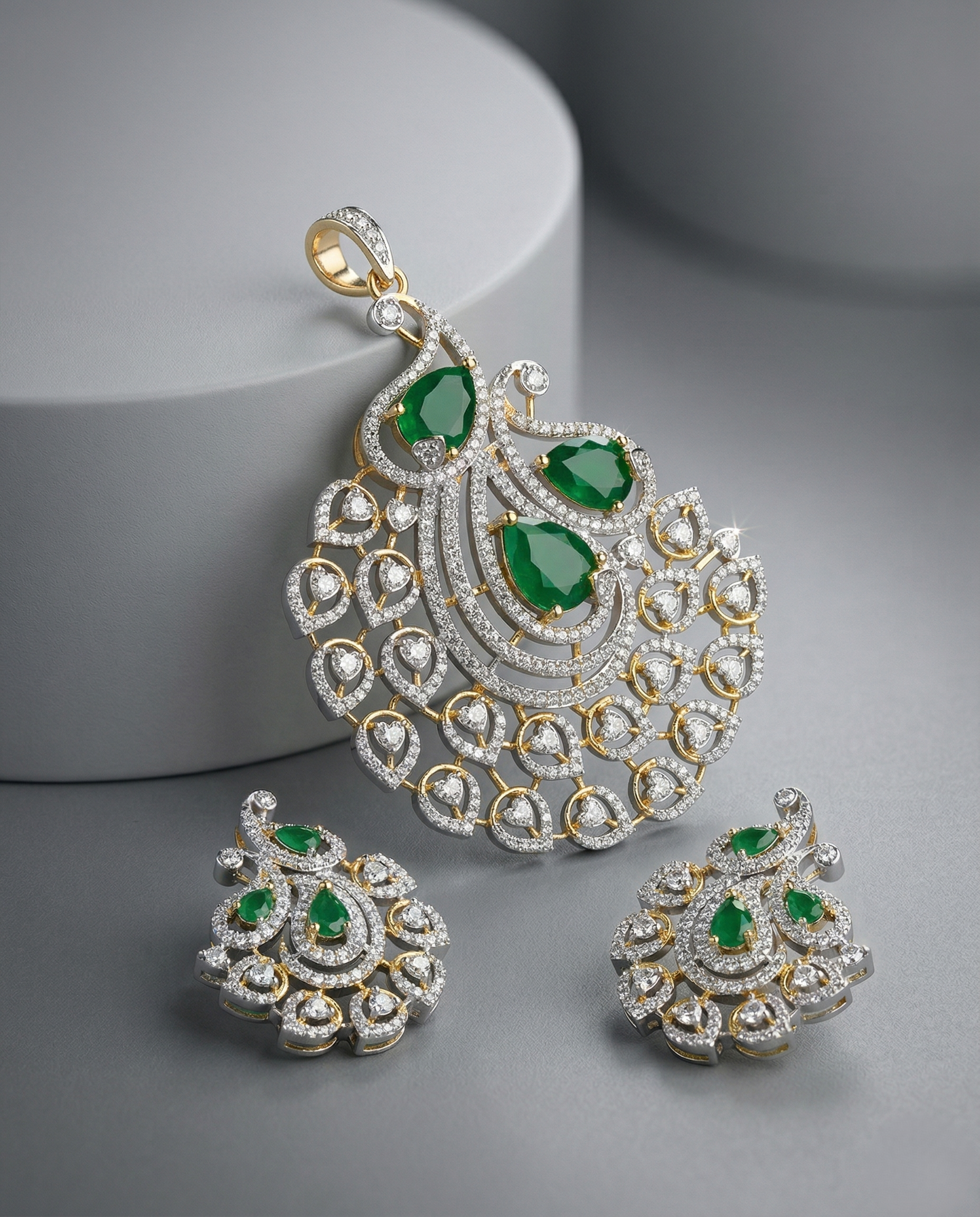 Premium Royal Teardrop Diamond Pendant Set with Ruby/Green Stones Variants
