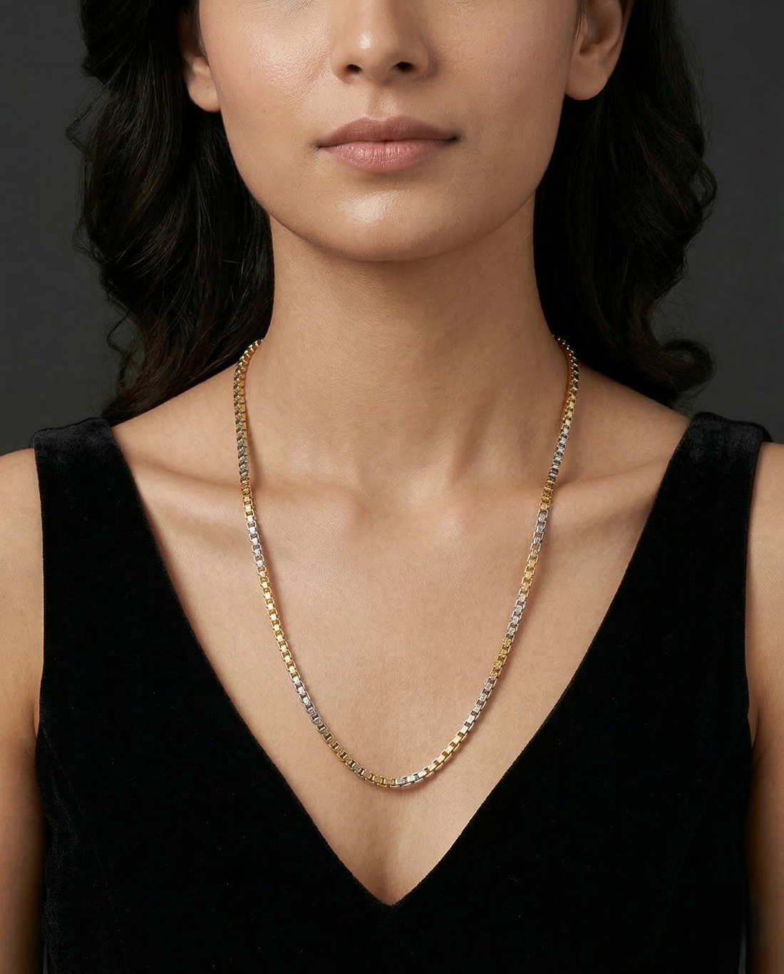 Two Tone Box Link Chain Necklace | Gold Silver Geometric Long Chain for Women