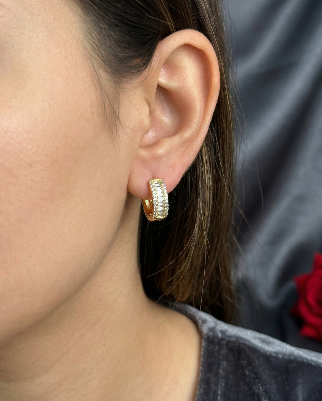 Baguette CZ Diamond Hoop Earrings – Gold & Silver Finish