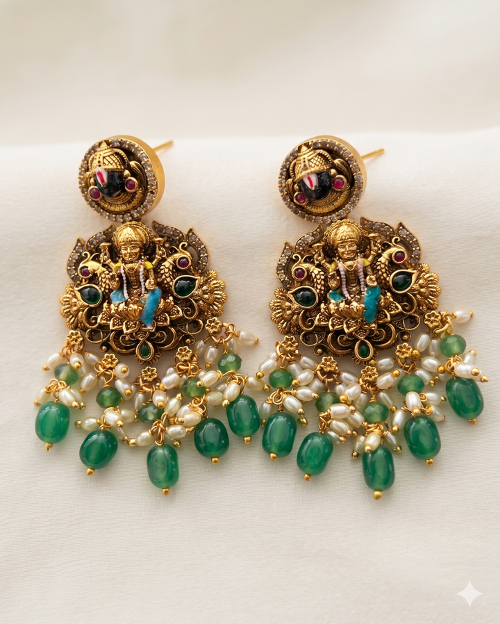 Antique Temple Lakshmi Necklace Set with Green Beads & Earrings