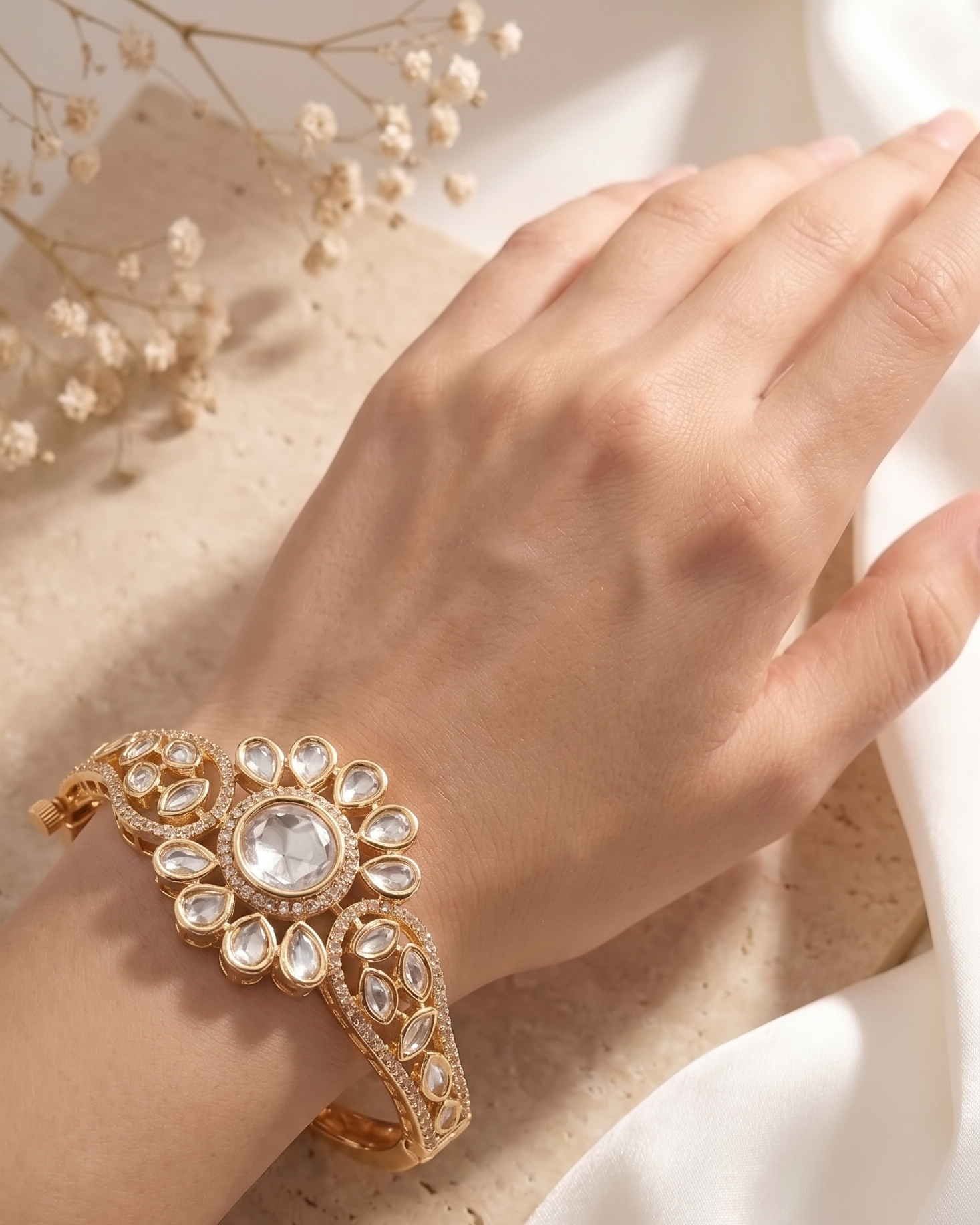 Noorva Floral Kundan  Traditional Polki Style Openable  Bracelet  for Women