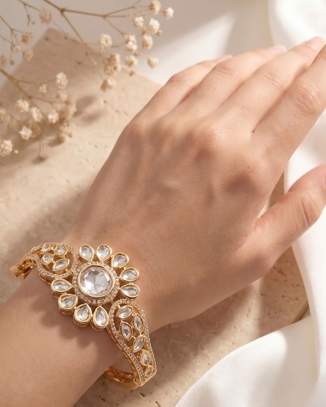 Noorva Floral Kundan  Traditional Polki Style Openable  Bracelet  for Women