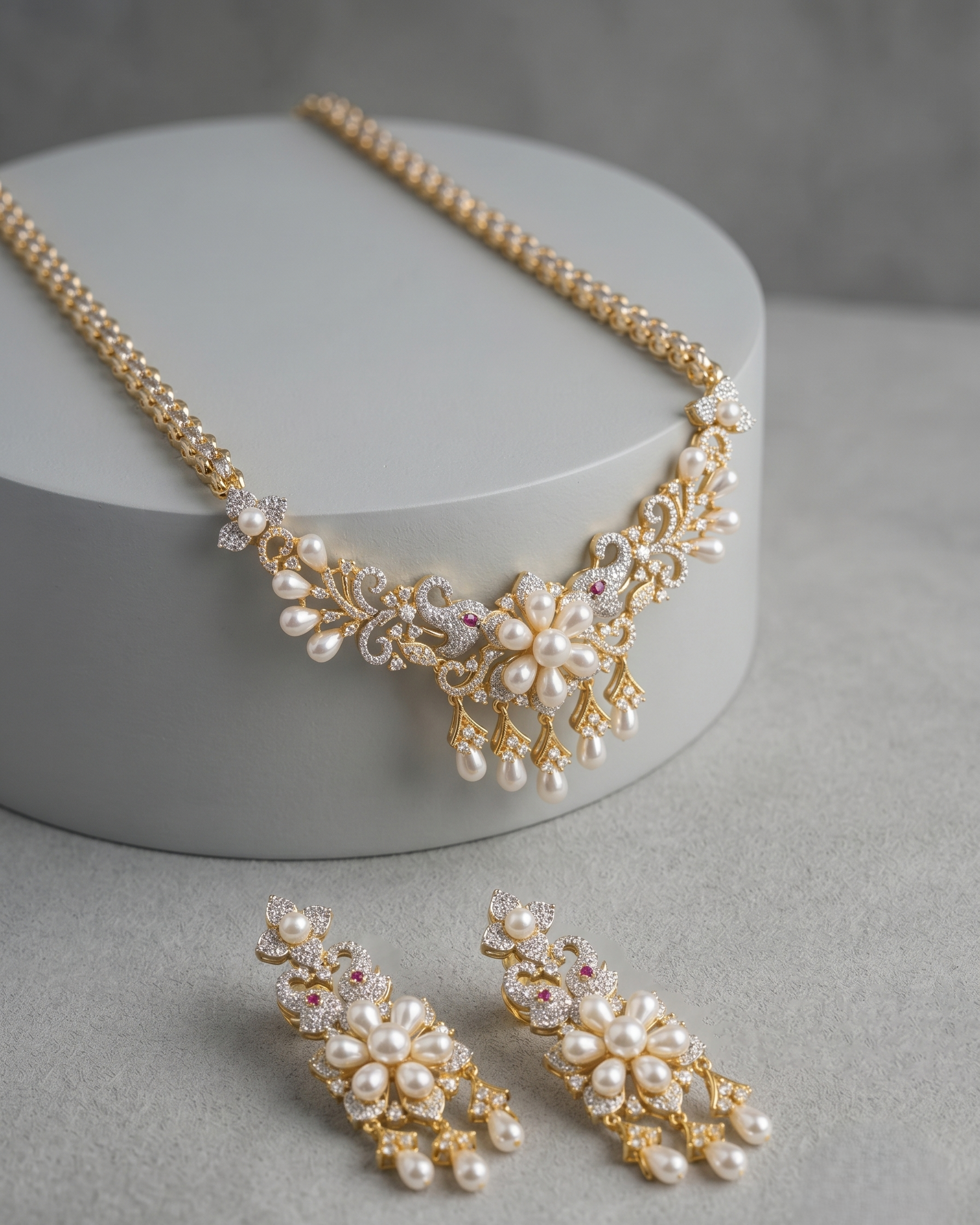Mrinalini Pearl Elegance  Gold Tone Pearl & CZ Necklace with Earrings