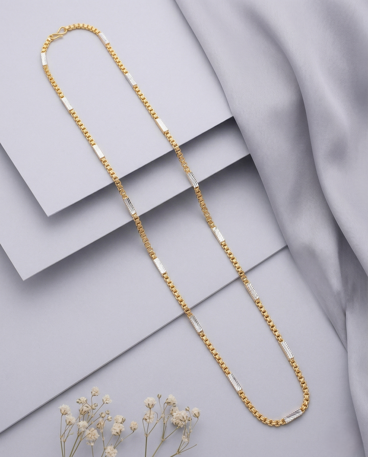 Two Tone Box Chain Necklace with Textured Bar Links | Gold Silver Long Chain for Women