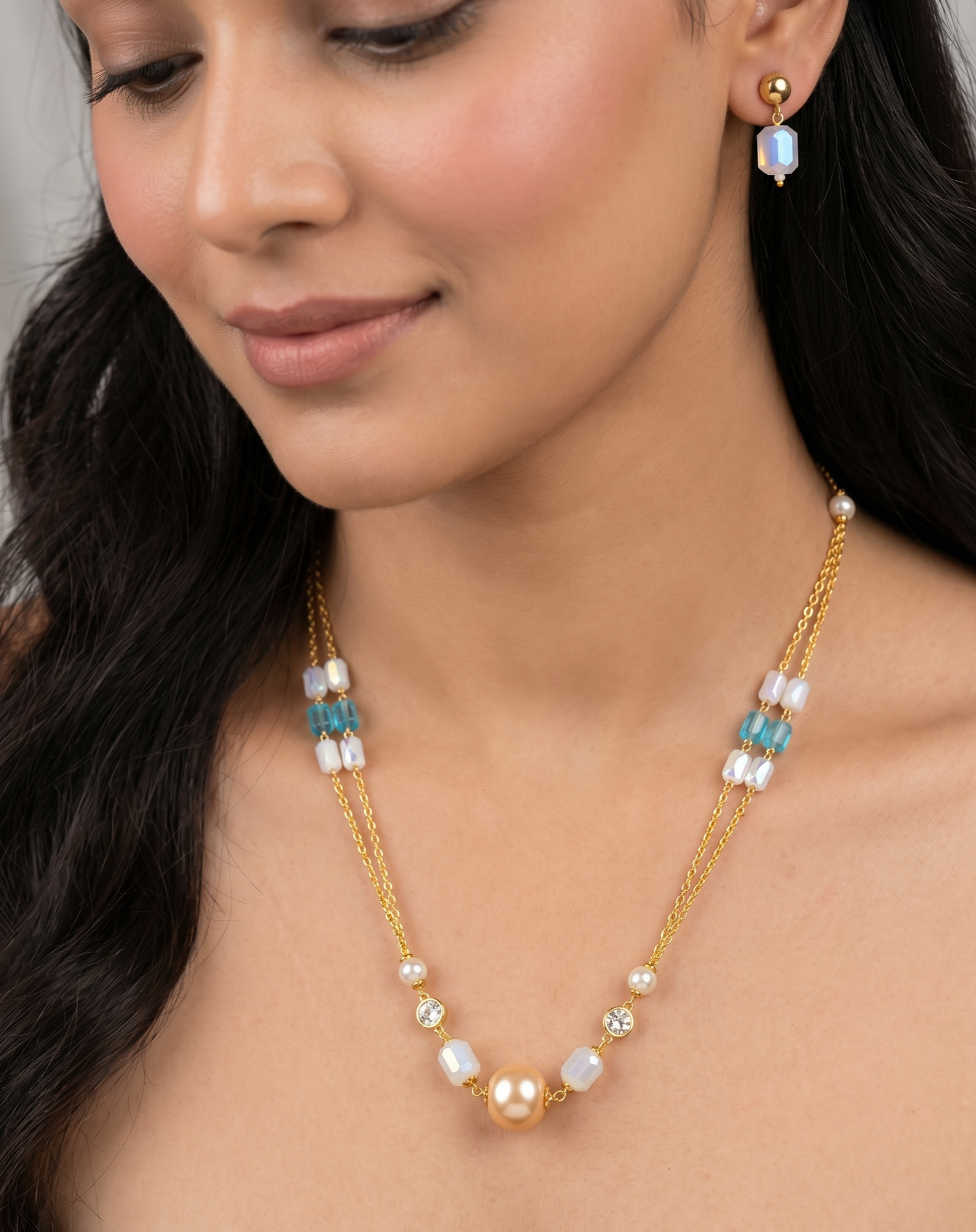 Handmade Golden Baroque Pearl, Opal Crystal & CZ Stone Mala Necklace Set with Matching Faceted Opal Crystal Earrings
