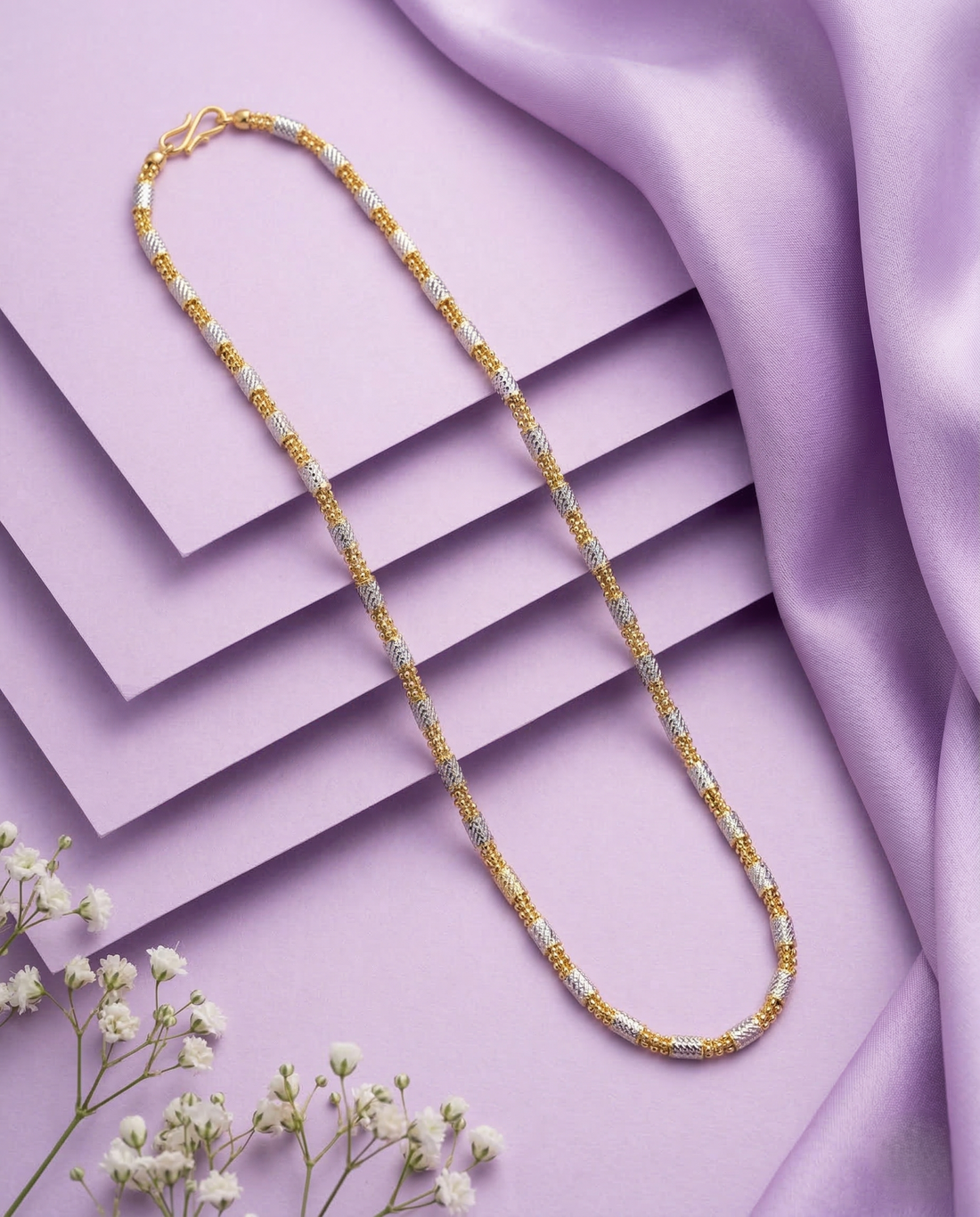 Two Tone Diamond Cut Bead Chain Necklace | Gold Silver Cylindrical Long Chain for Women