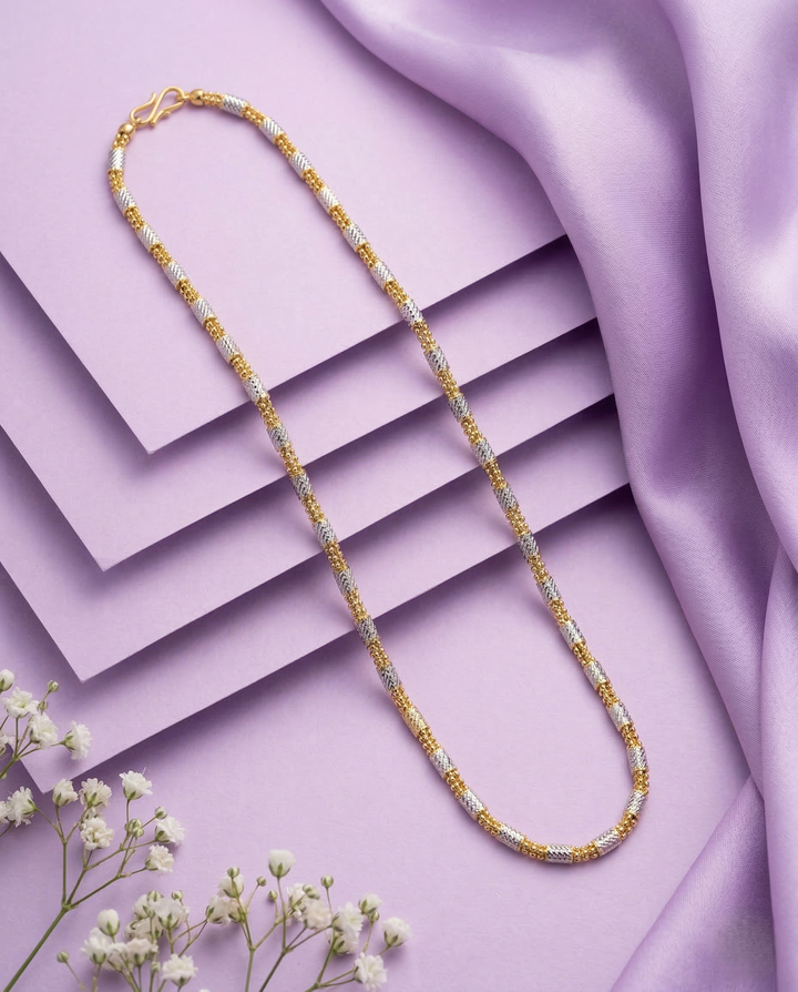 Two Tone Diamond Cut Bead Chain Necklace | Gold Silver Cylindrical Long Chain for Women