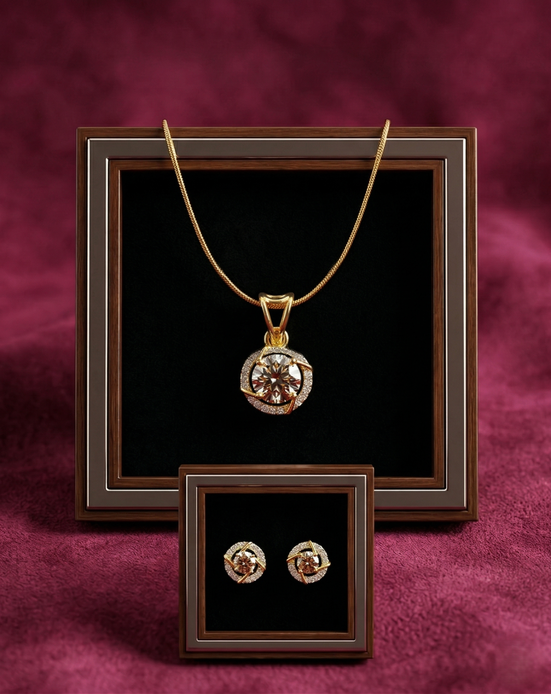 Premium Solitaire Sparkle Pendant Set with Chain & Earrings (Gold / Silver Finish)
