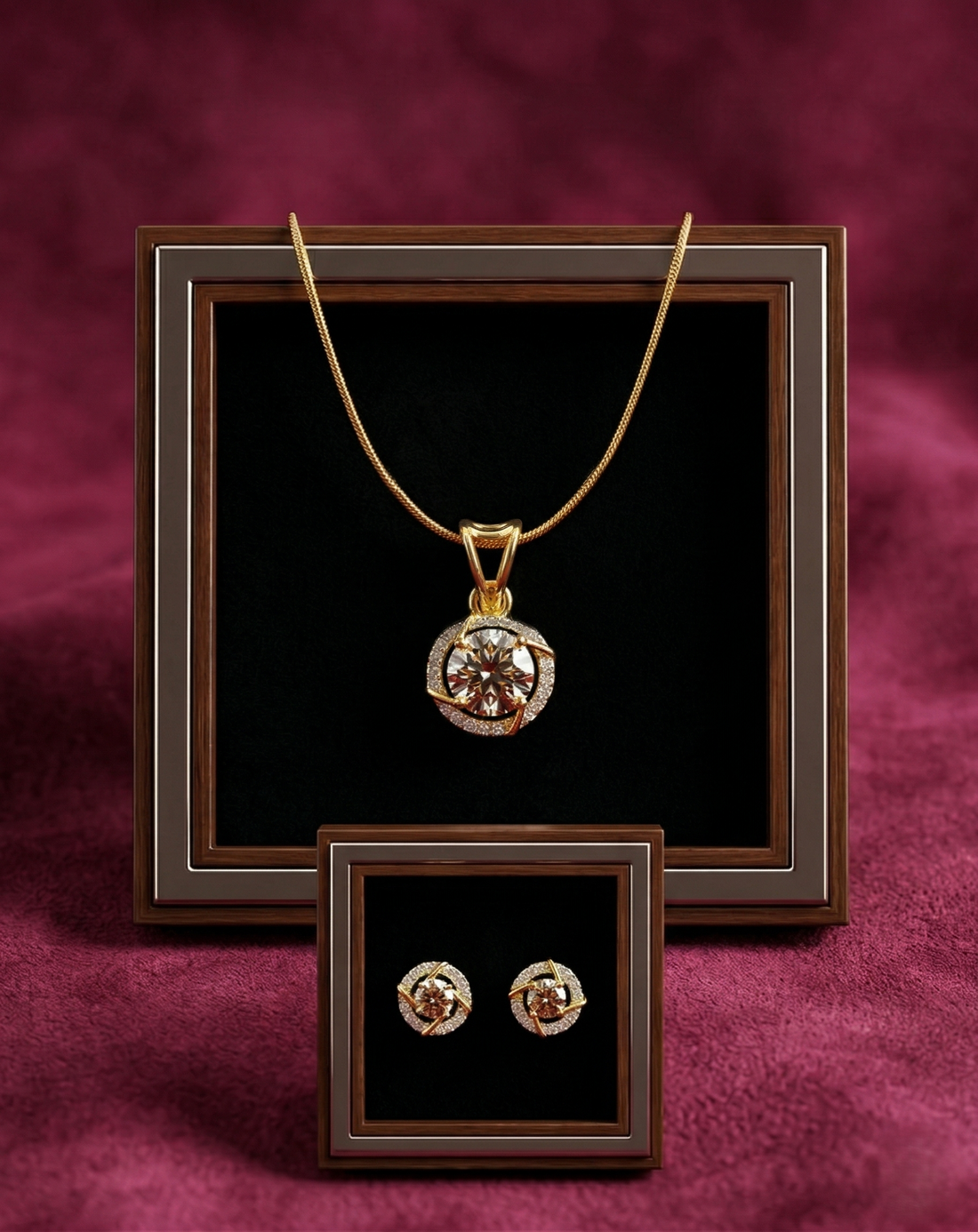 Premium Solitaire Sparkle Pendant Set with Chain & Earrings (Gold / Silver Finish)