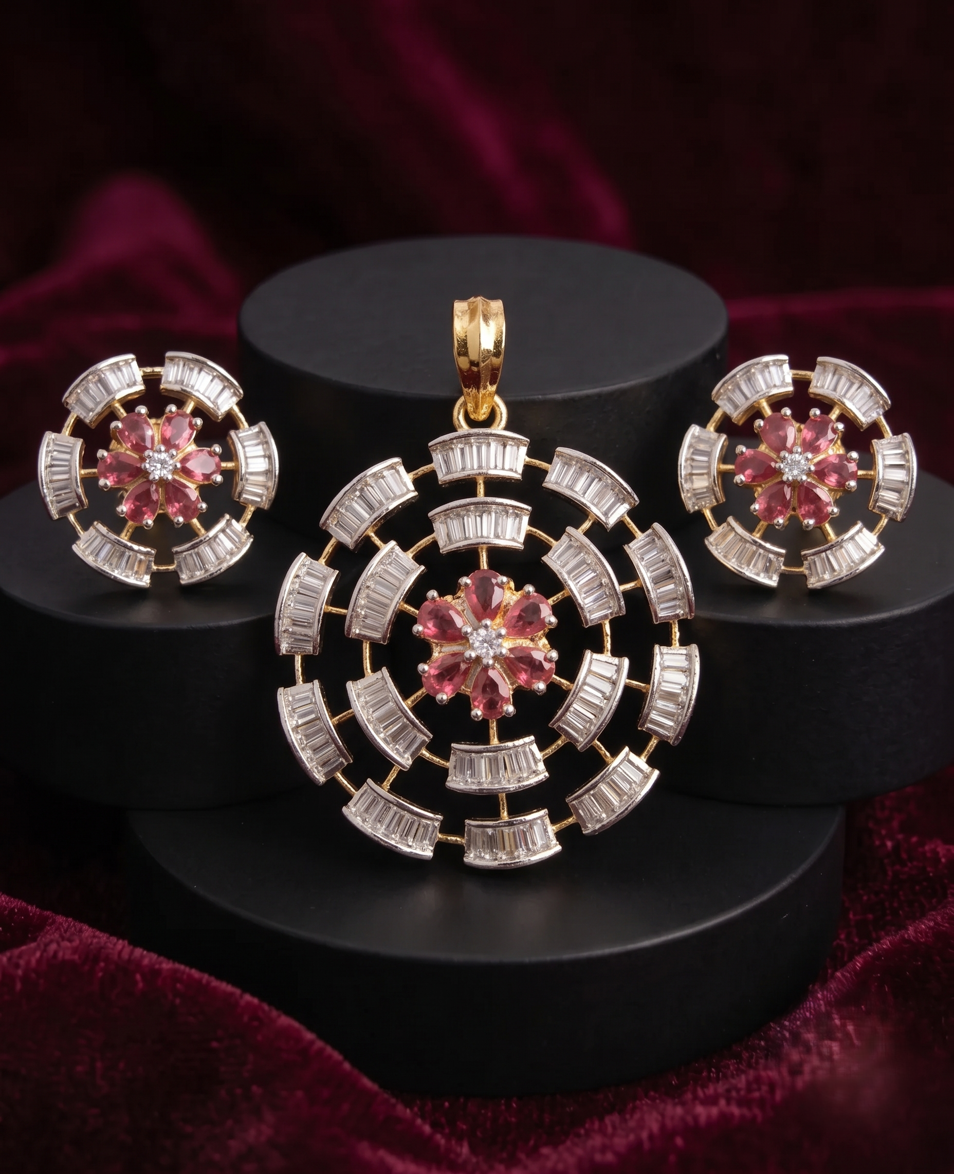 Gulnaar Bloom  Diamond Pendant Set for Women  with Screw Back Earrings