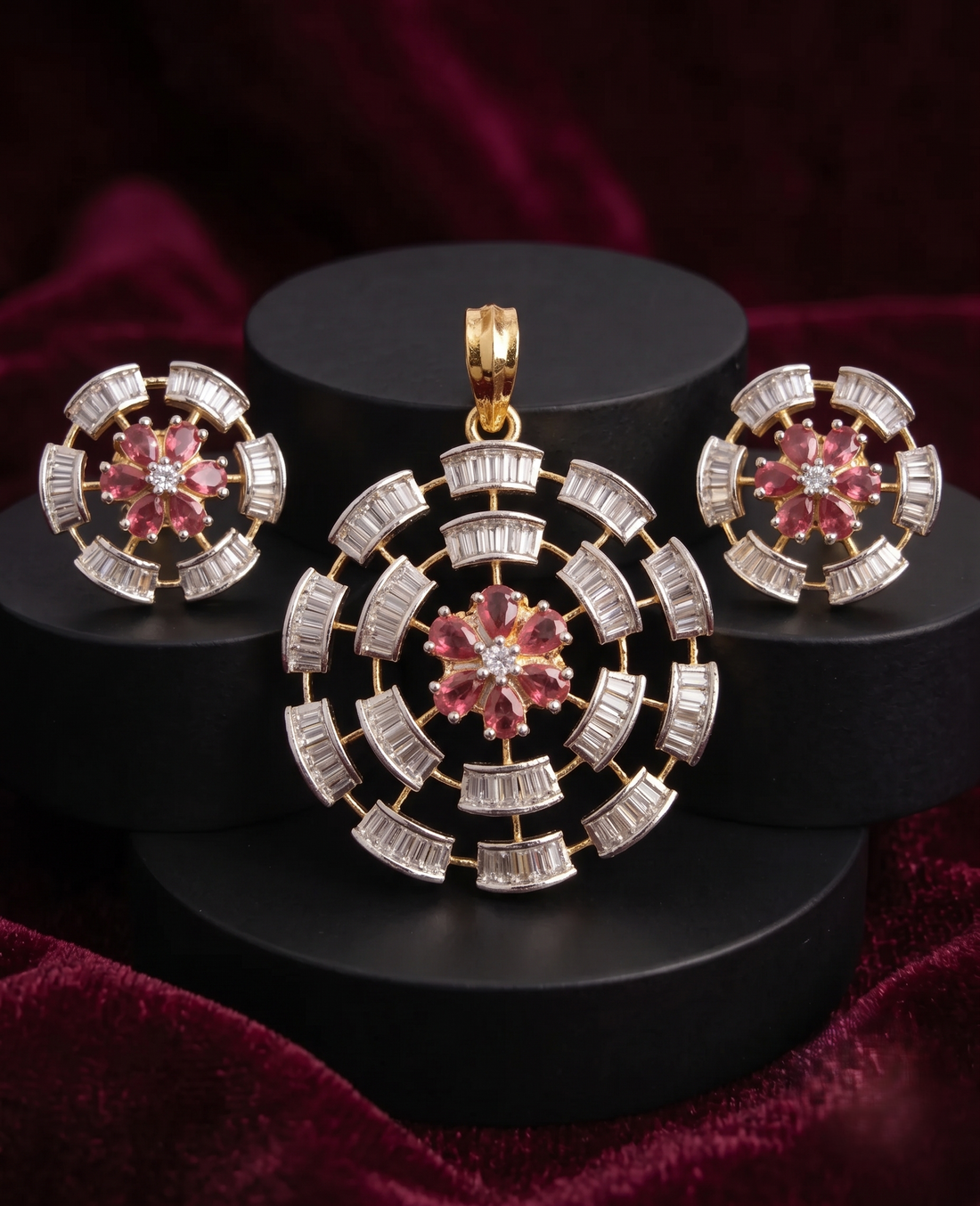 Gulnaar Bloom  Diamond Pendant Set for Women  with Screw Back Earrings