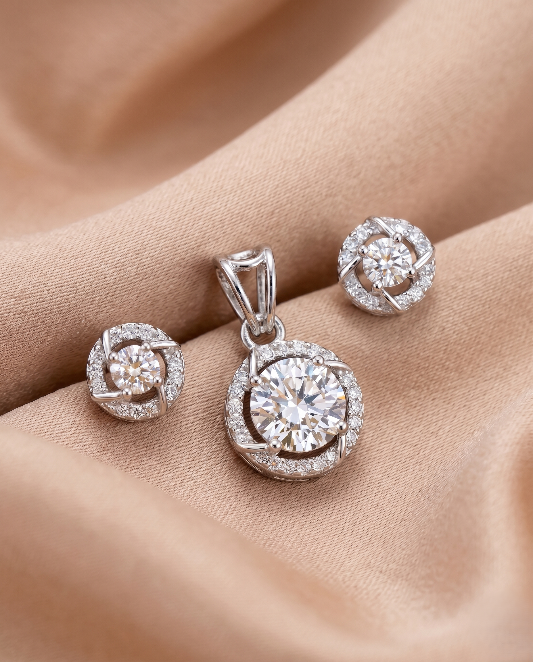 Premium Solitaire Sparkle Pendant Set with Chain & Earrings (Gold / Silver Finish)