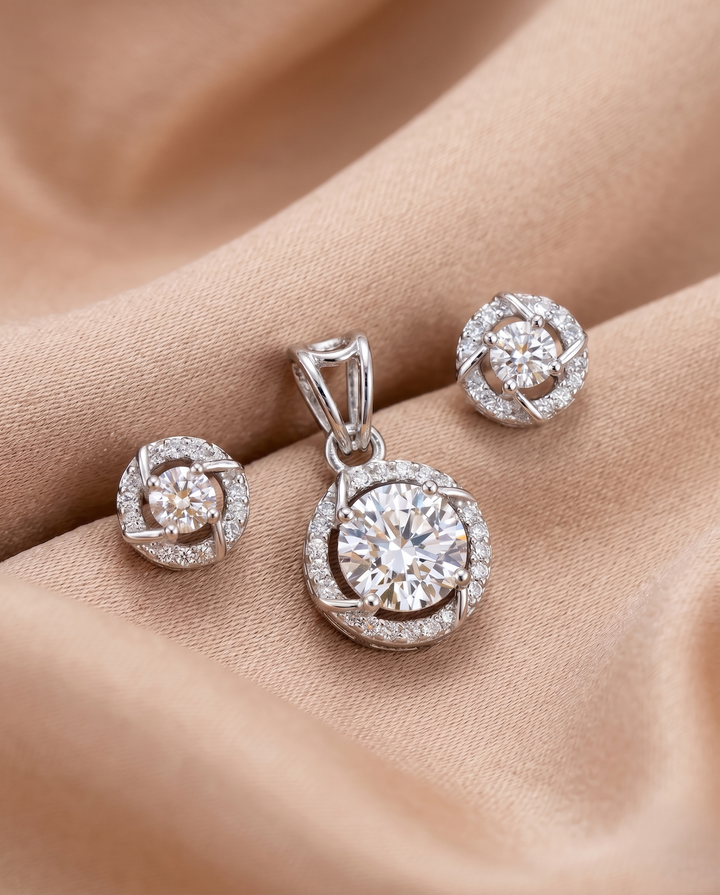Premium Solitaire Sparkle Pendant Set with Chain & Earrings (Gold / Silver Finish)