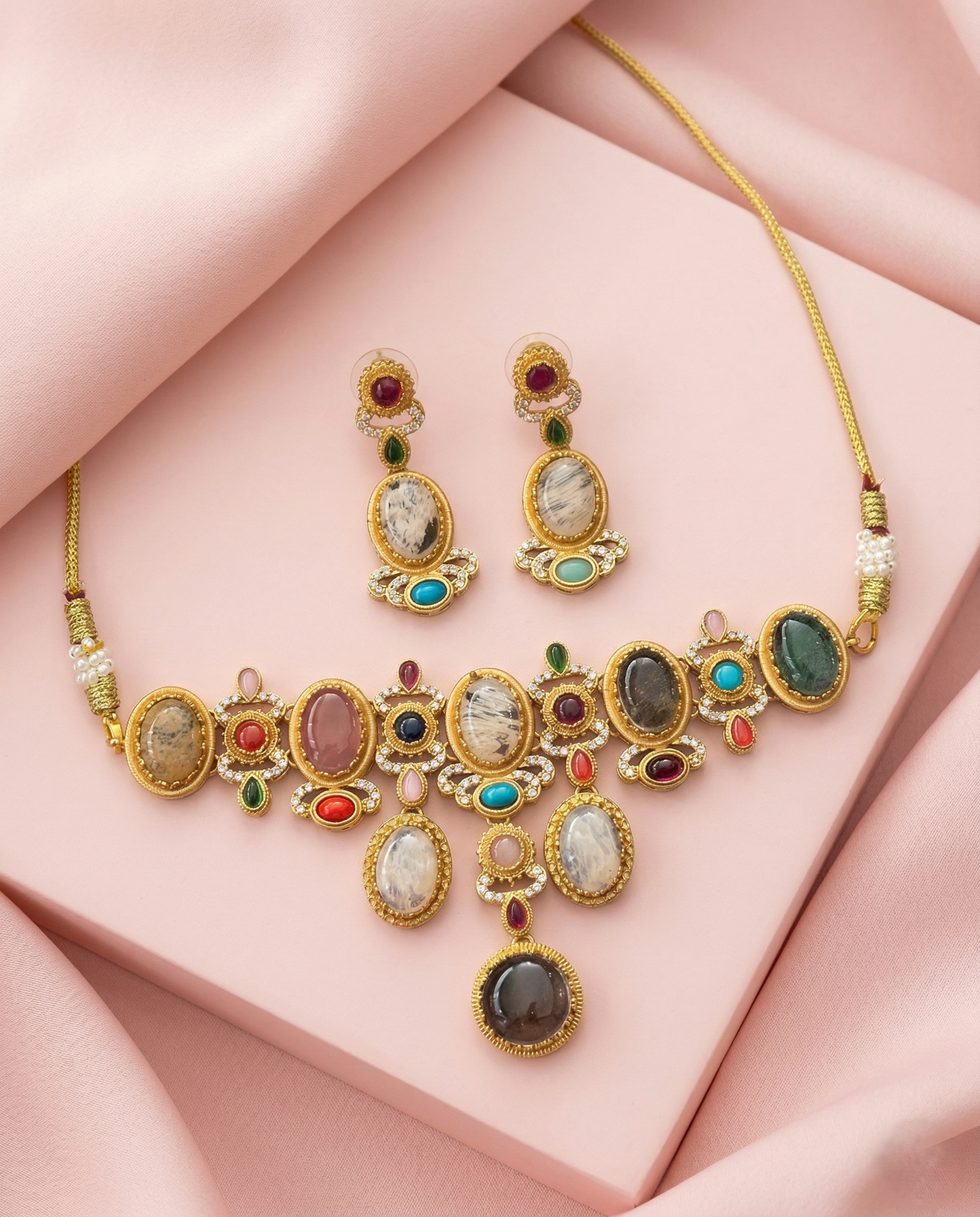 Premium Mint Green and Multicolor Stone Designer Necklace Set with Earrings