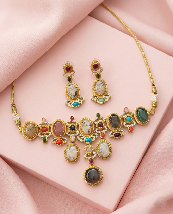 Premium Mint Green and Multicolor Stone Designer Necklace Set with Earrings