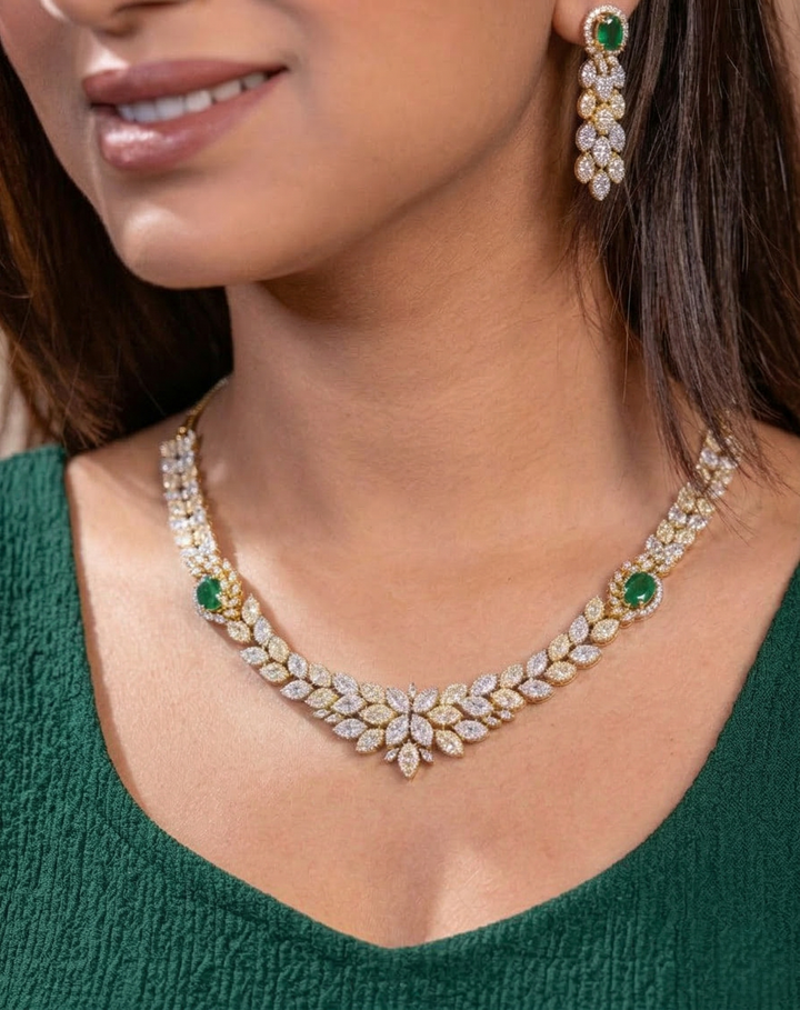 Leaf Design Diamond Necklace Set with Green Stone Accents – Gold Polish