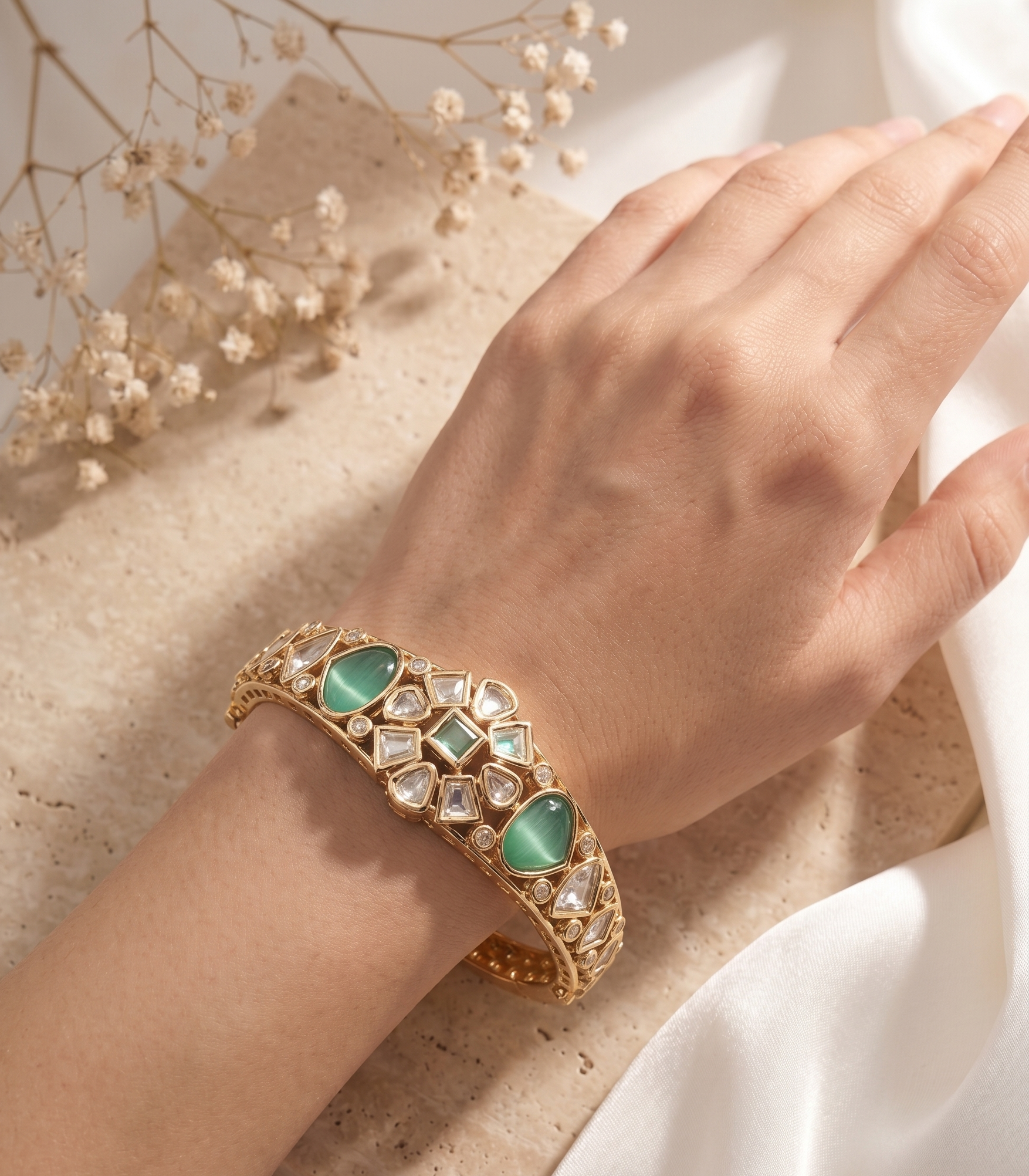 Rajnidhi Polki Gold Tone Openable Braclete For Women