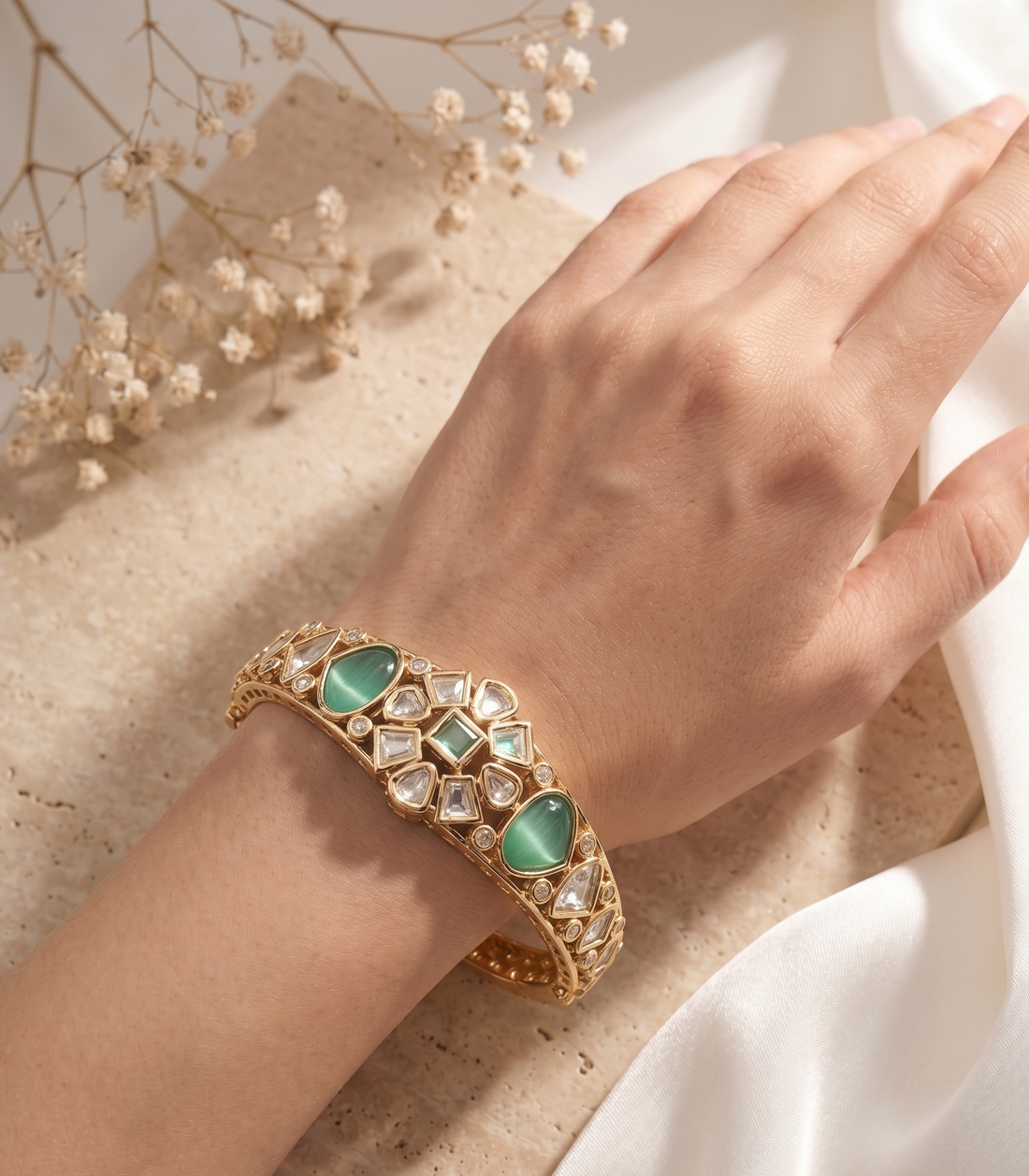 Rajnidhi Polki Gold Tone Openable Braclete For Women