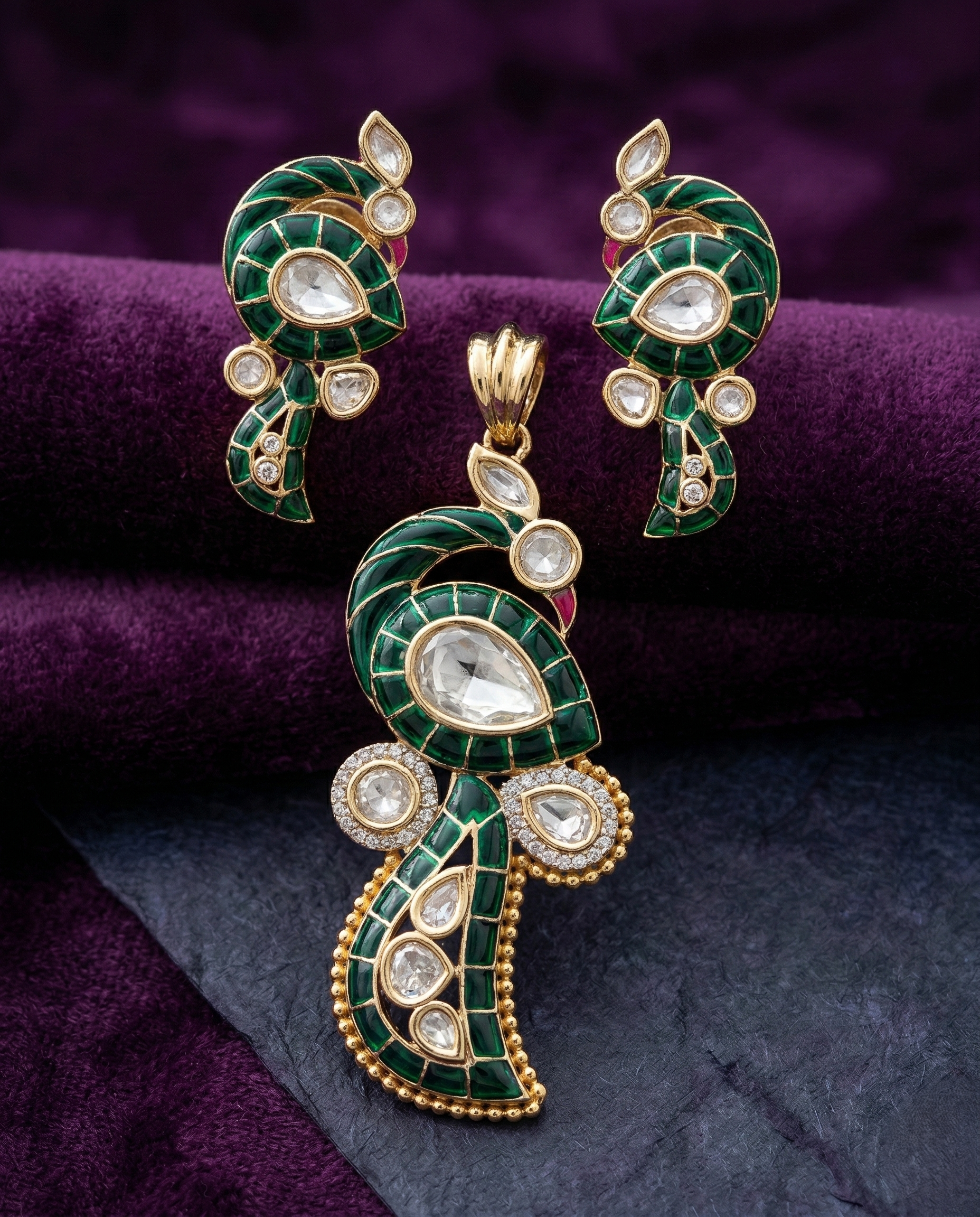 Paisley Kundan Pendant Set with Earrings in Emerald, Ruby Pink and Royal Blue