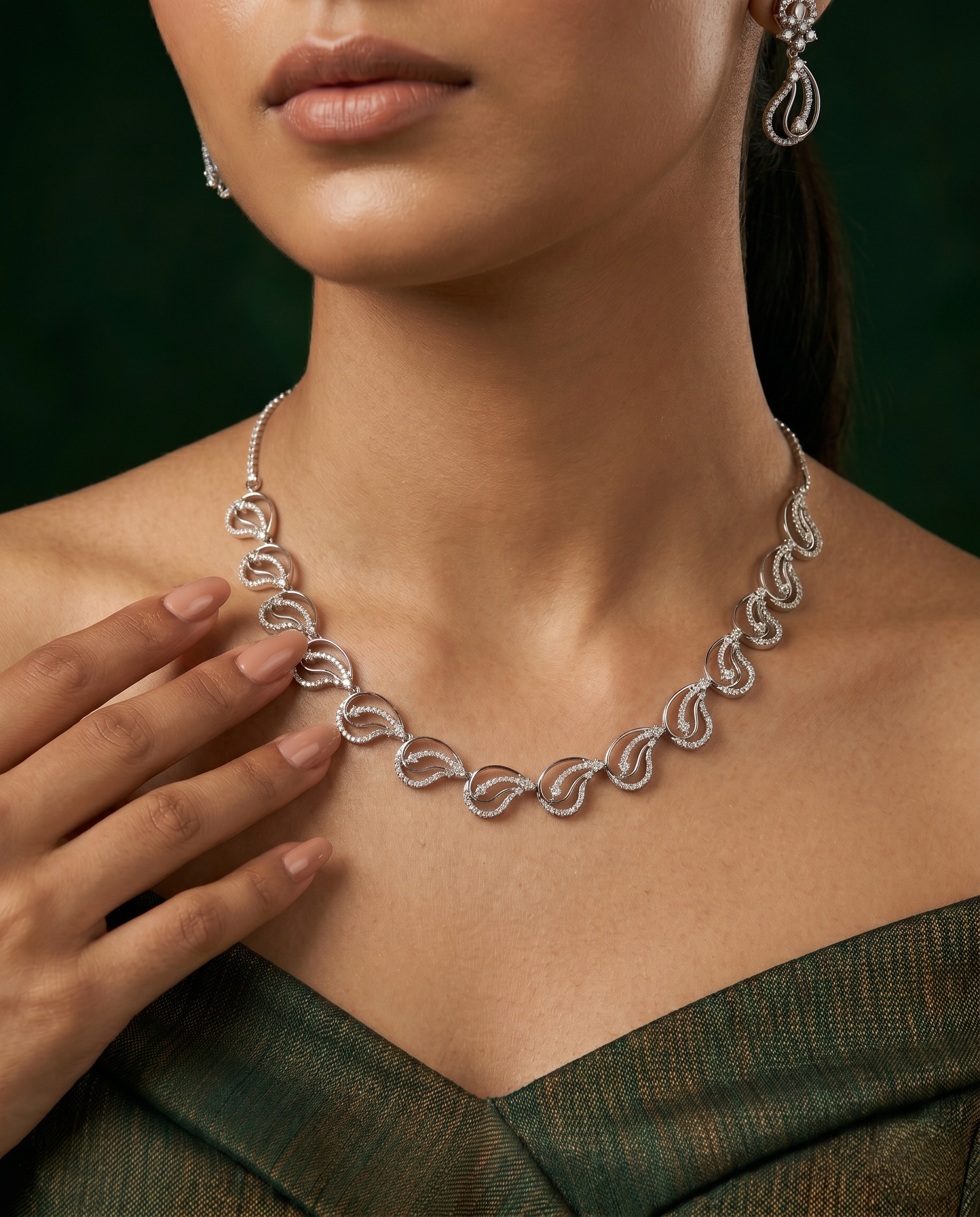 Wave Pattern Diamond Style Necklace Set with Matching Earrings