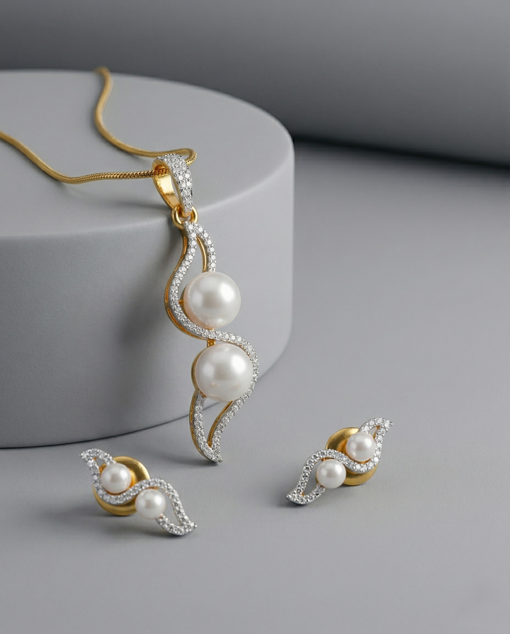 Premium Dual Tone Diamond Swirl Pendant with Chain & Matching Earrings