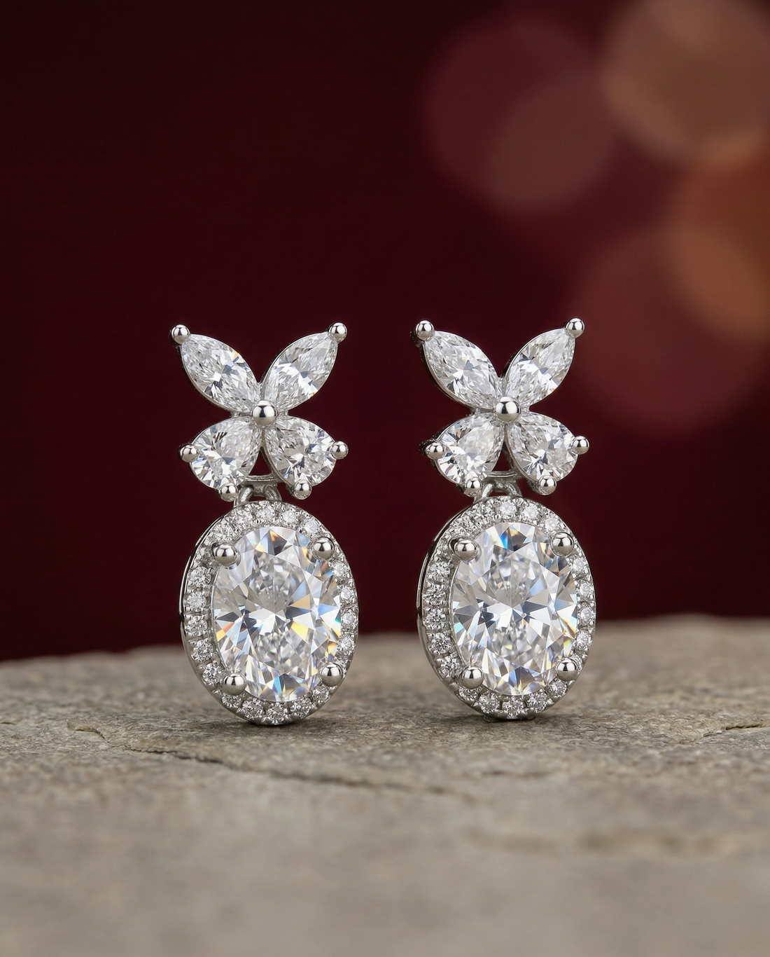 Veloura Bloom Drops – Floral Diamond Oval Earrings in Ruby, Black, White & Green