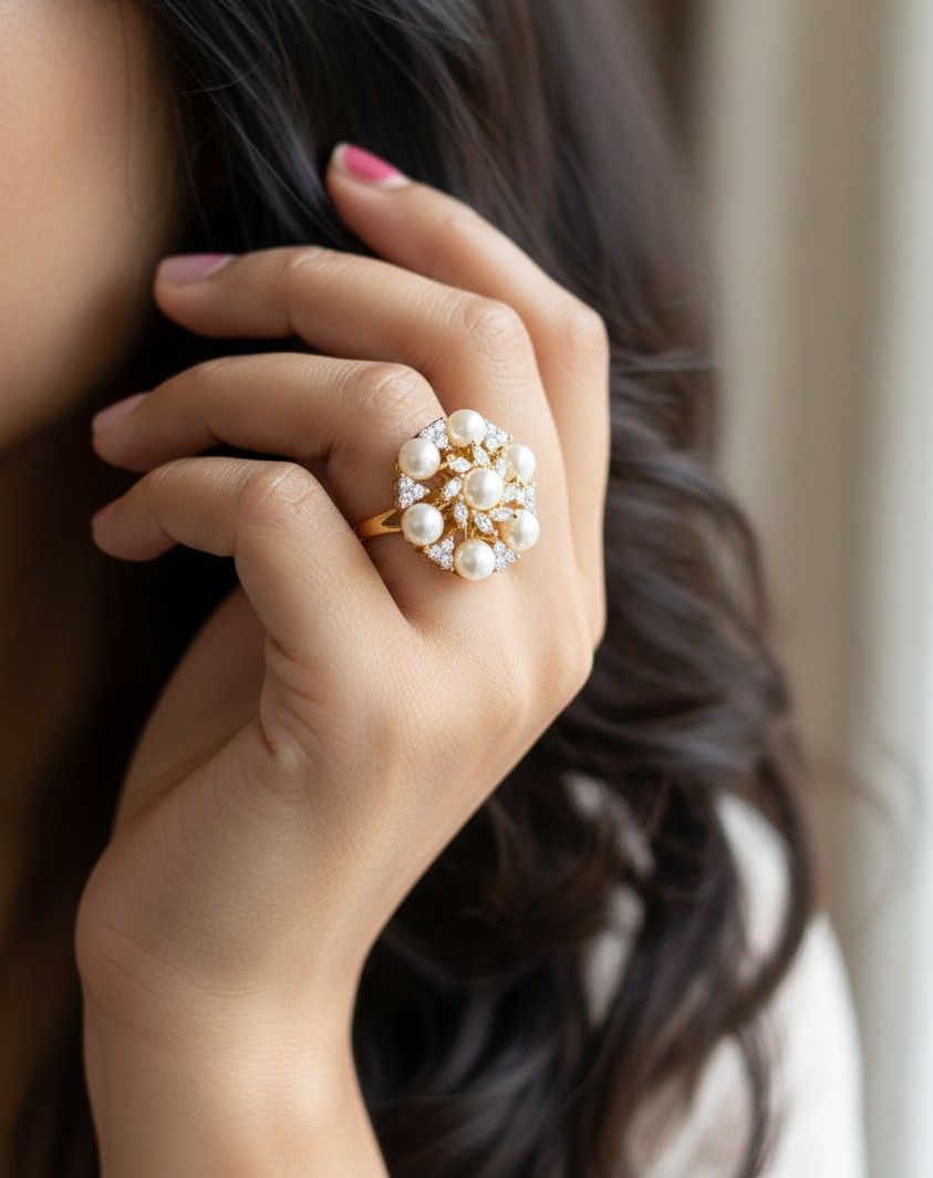 Adjustable Pearl Statement Ring for Women – Gold & Silver Finish