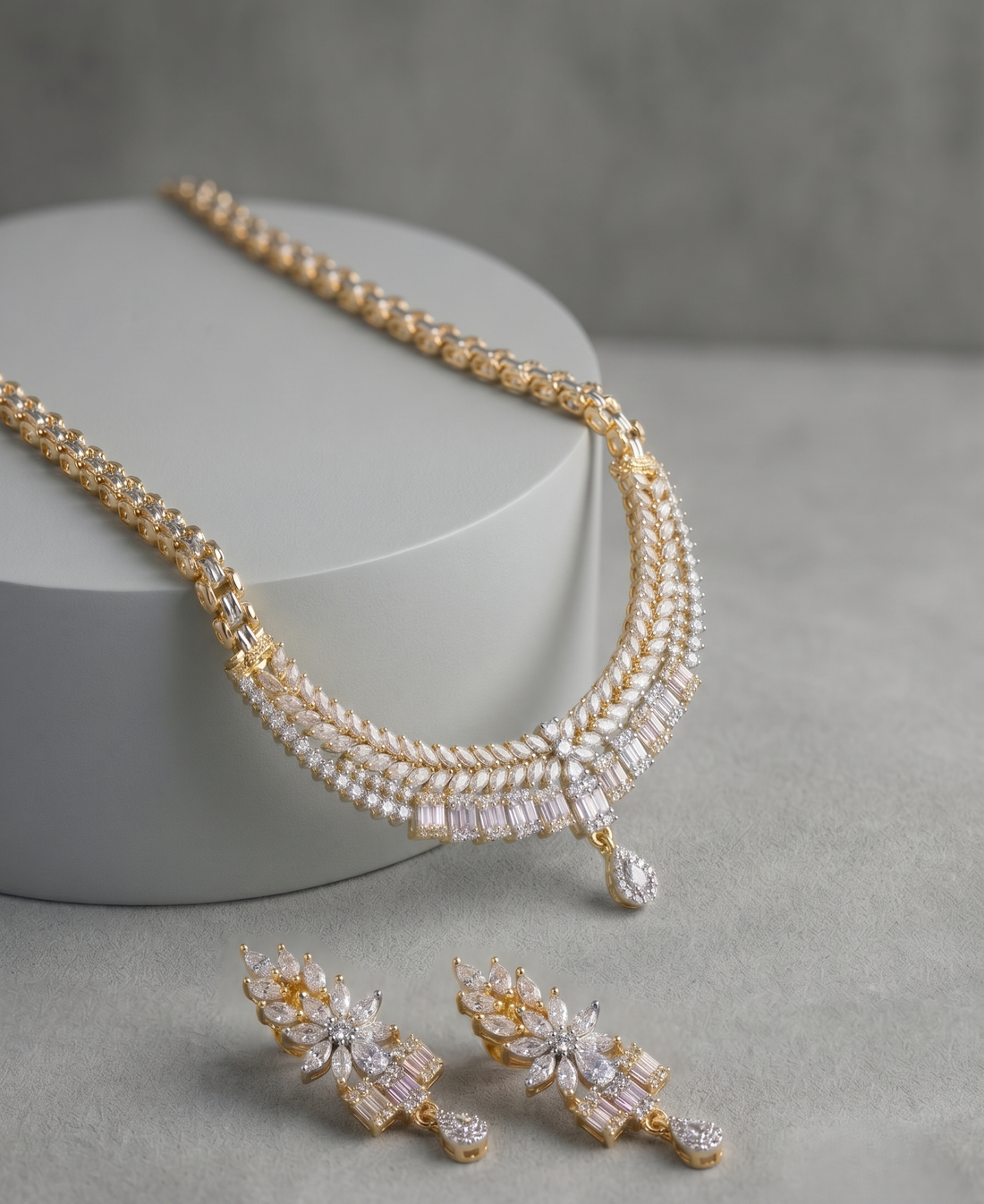 Avyanna Diamond Grace  Gold Tone CZ Diamond Necklace Set with Earrings