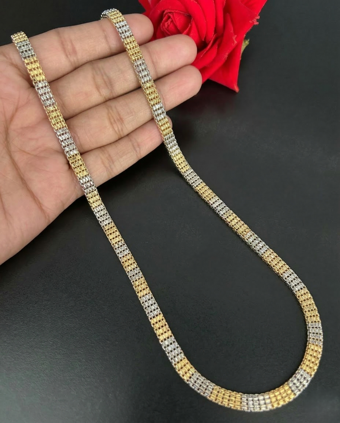Two Tone Designer Flat Chain Necklace Gold Silver Finish
