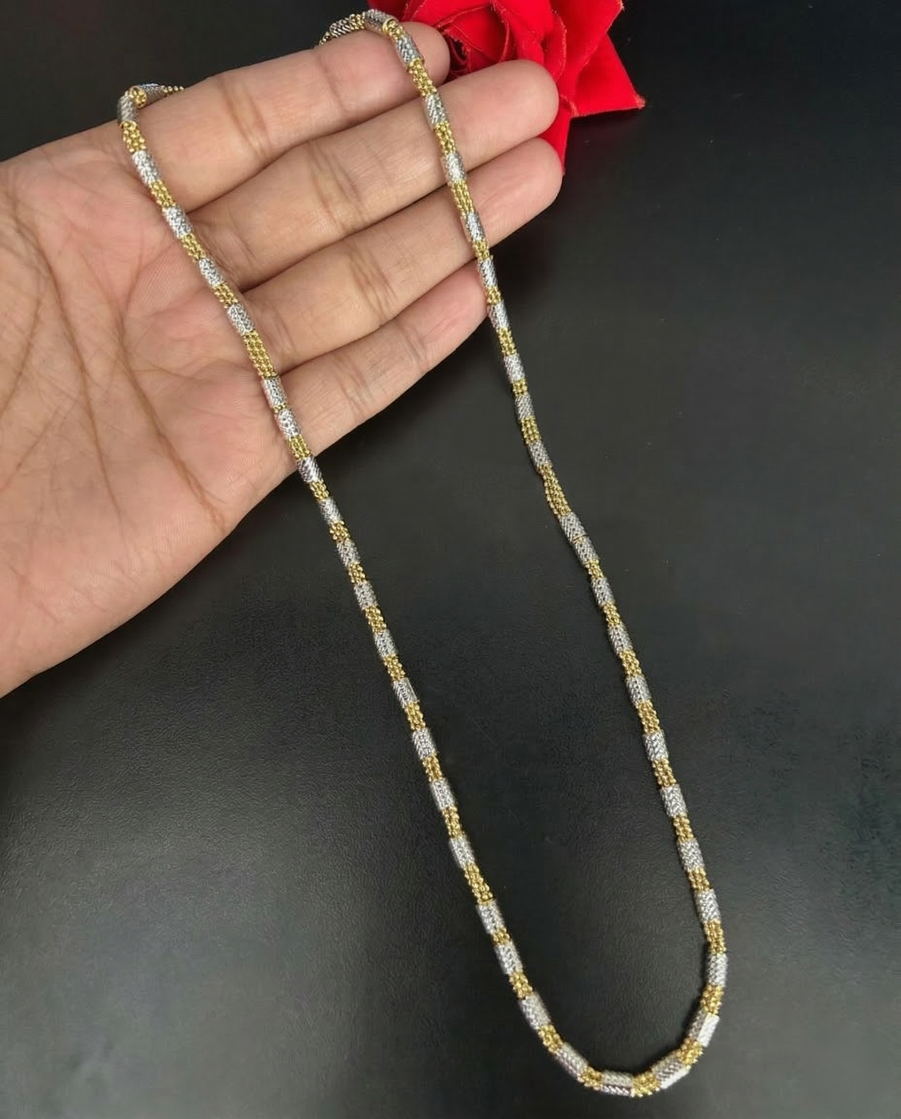 Two Tone Diamond Cut Bead Chain Necklace | Gold Silver Cylindrical Long Chain for Women