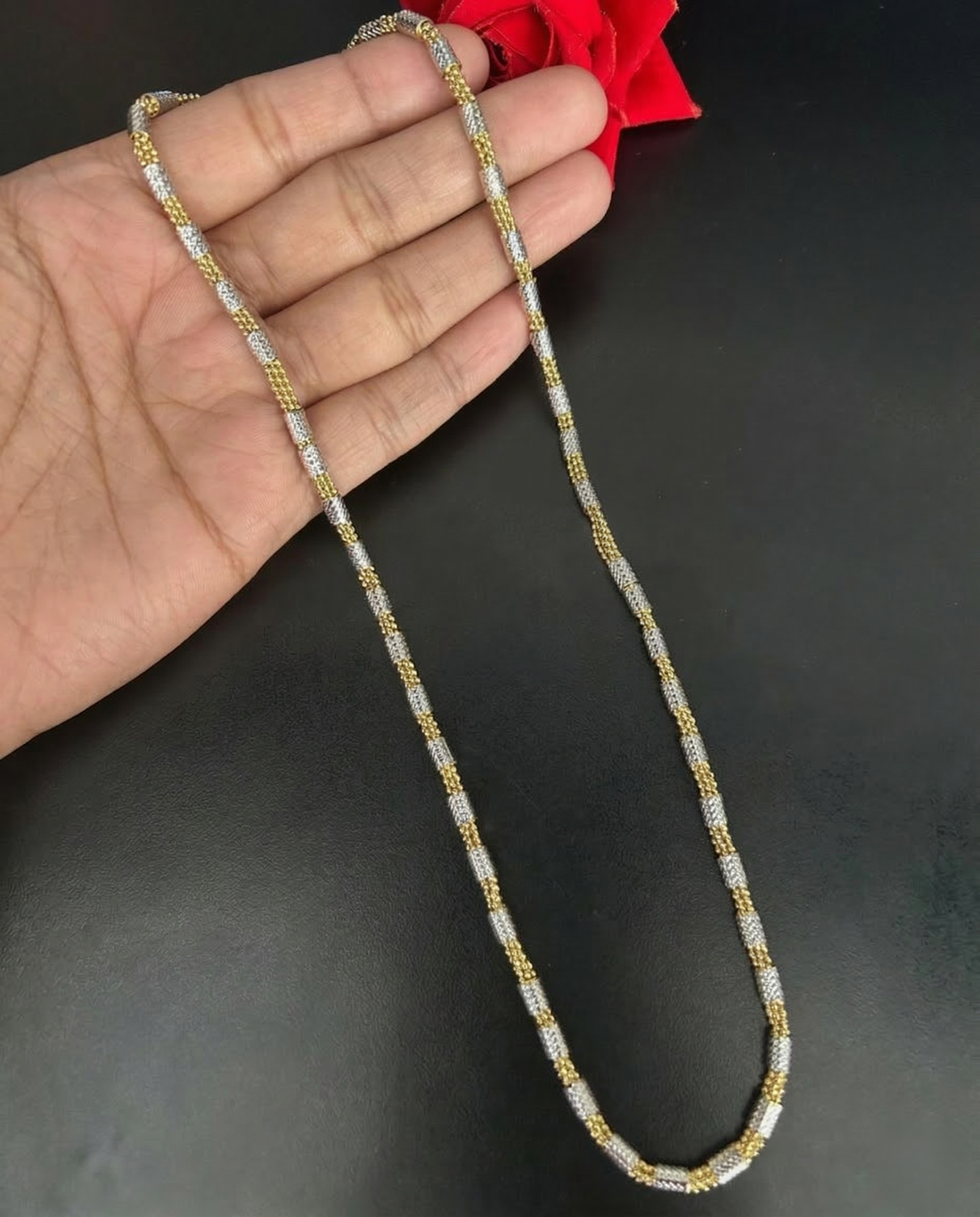 Two Tone Diamond Cut Bead Chain Necklace | Gold Silver Cylindrical Long Chain for Women