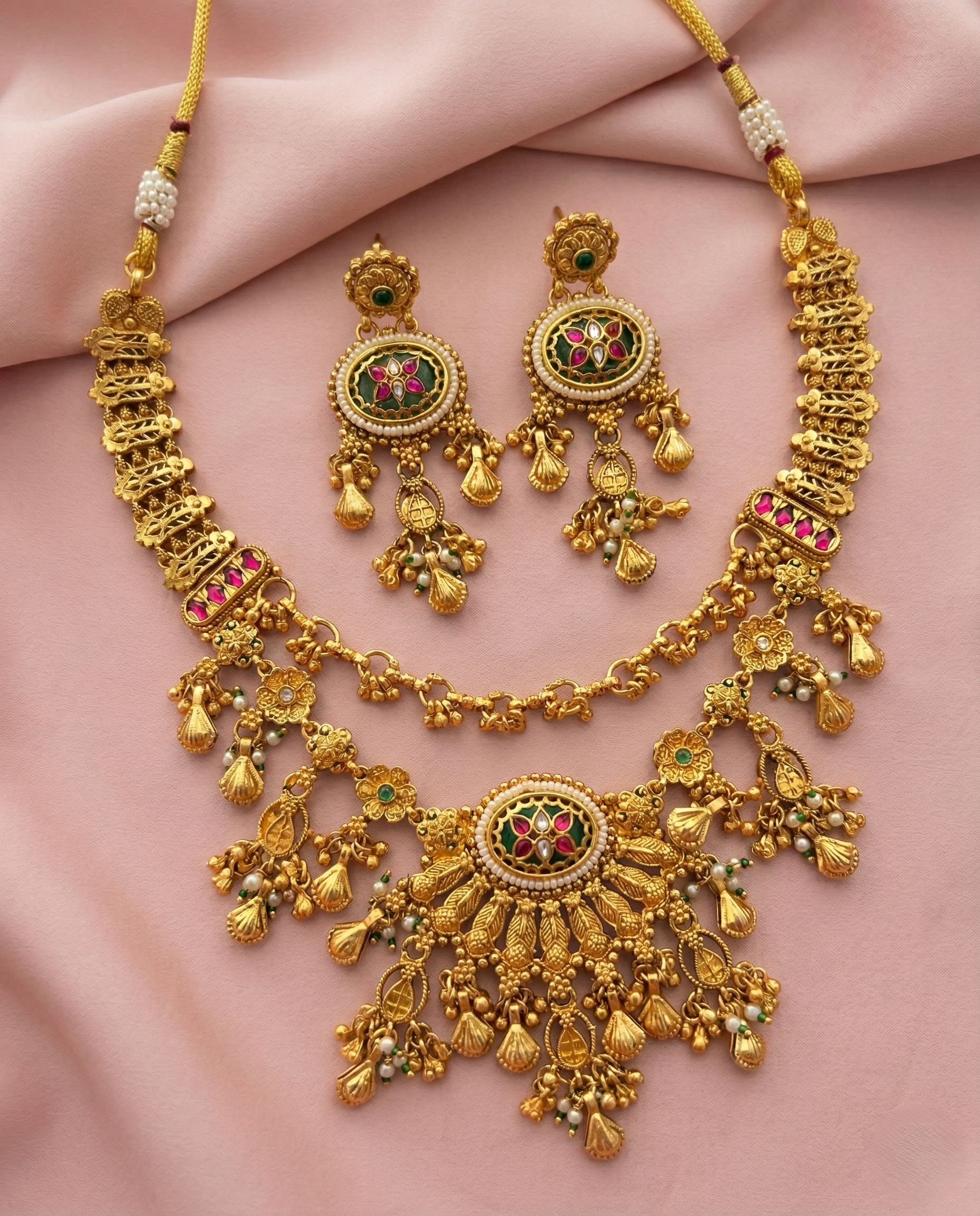 Antique Gold Heavy Kundan Necklace Set with Floral Motifs & Ghungroo Danglers