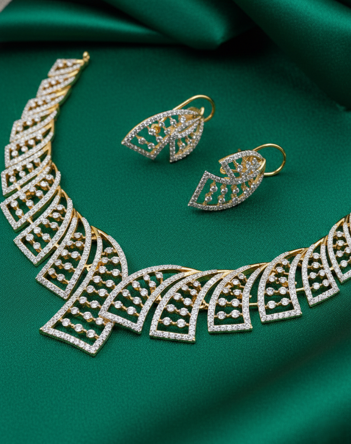 Diamond Look Gold Tone Necklace Set with Earrings | Premium Imitation Jewellery