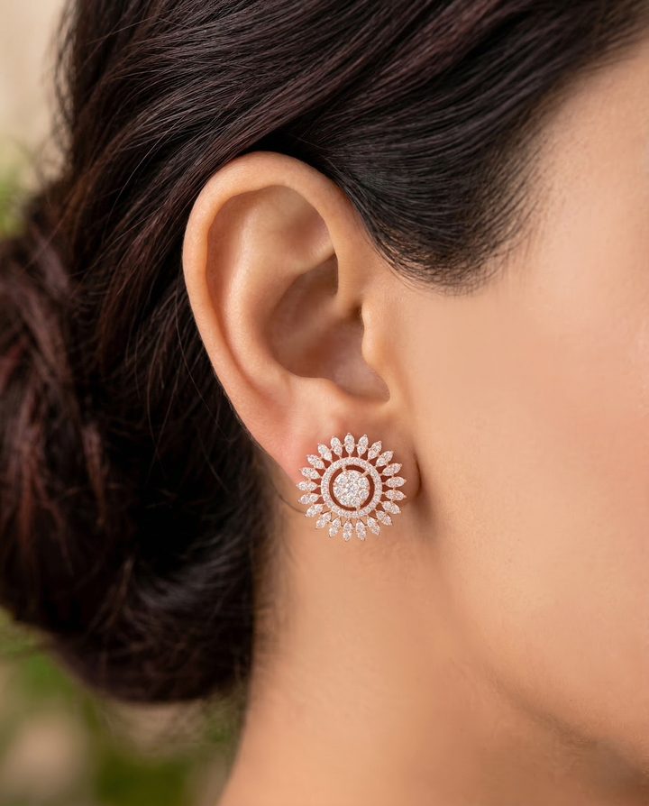 Sunburst Round Stud Earrings Premium Rose Gold Plated for Women