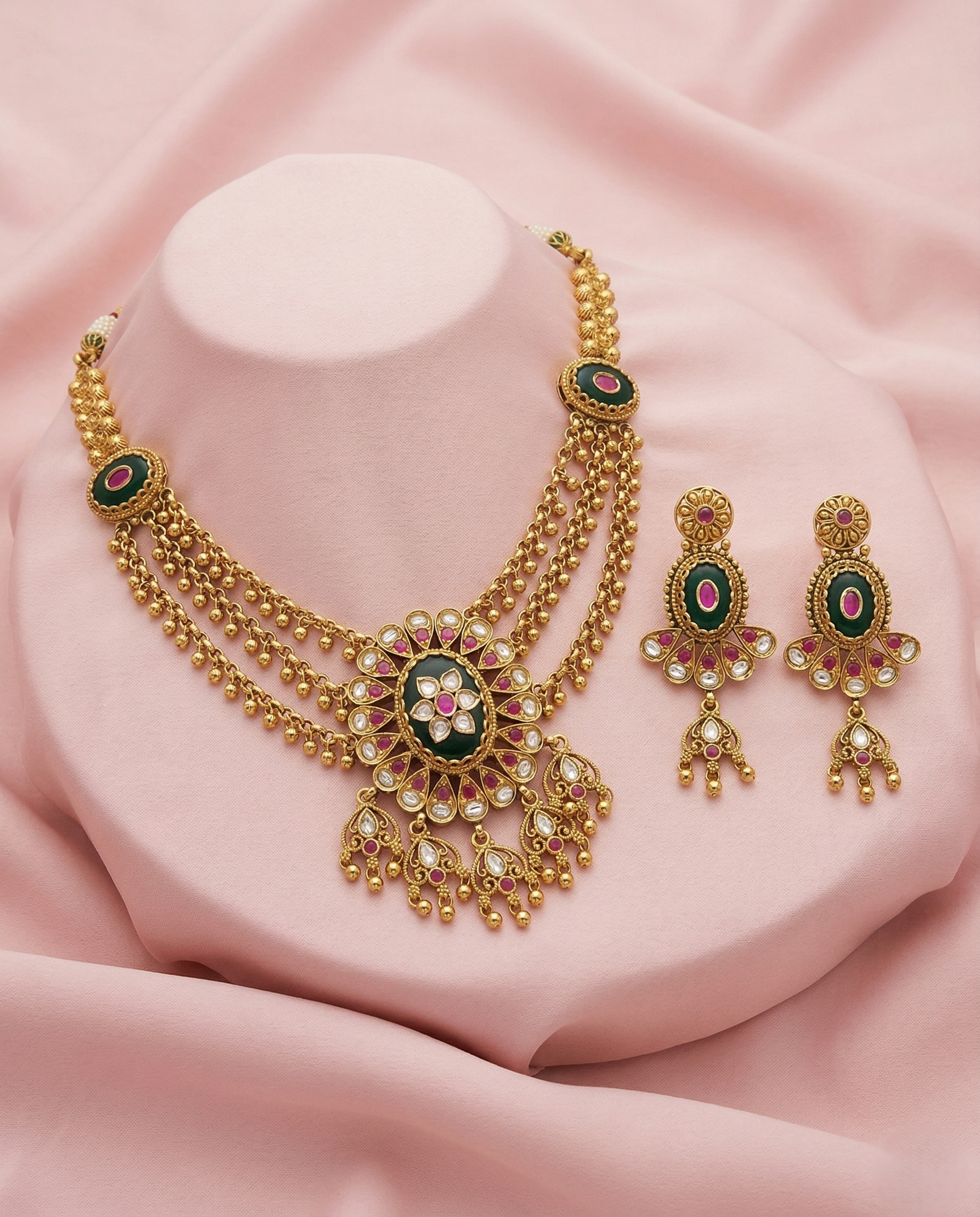 Premium Gold Plated Kundan  Necklace Set with Green Stone and Matching Earrings