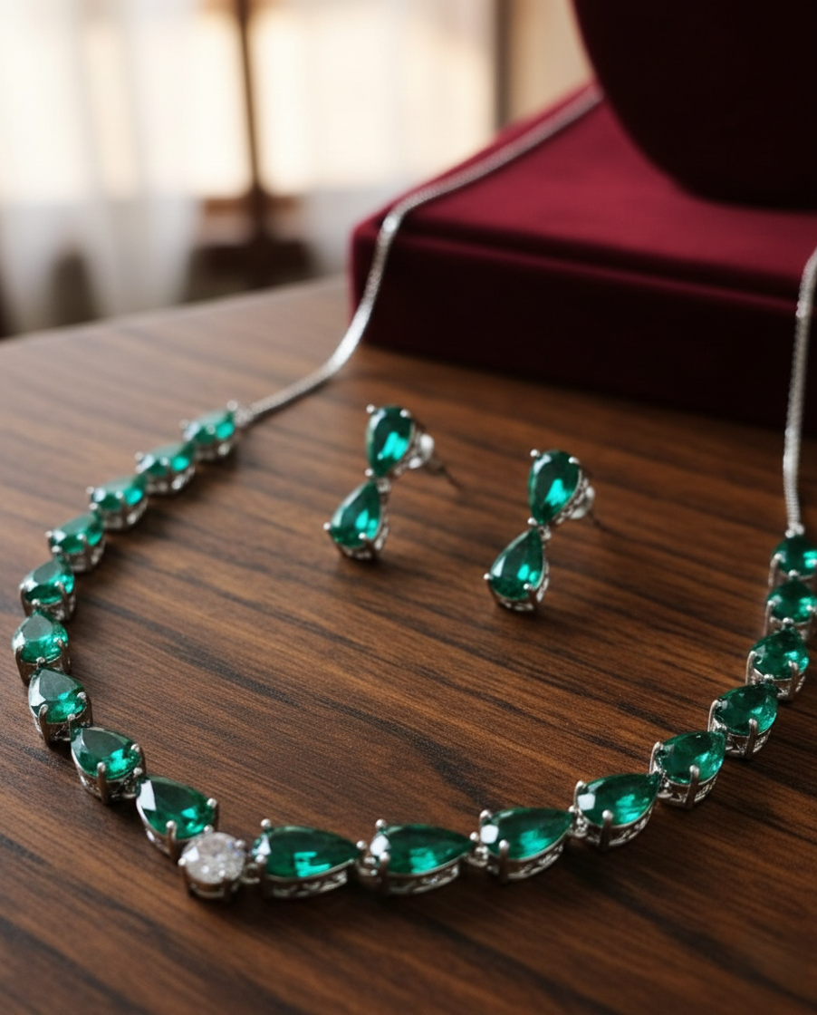 Emerald Green Teardrop Stone Necklace Set with Matching Stud Earrings
