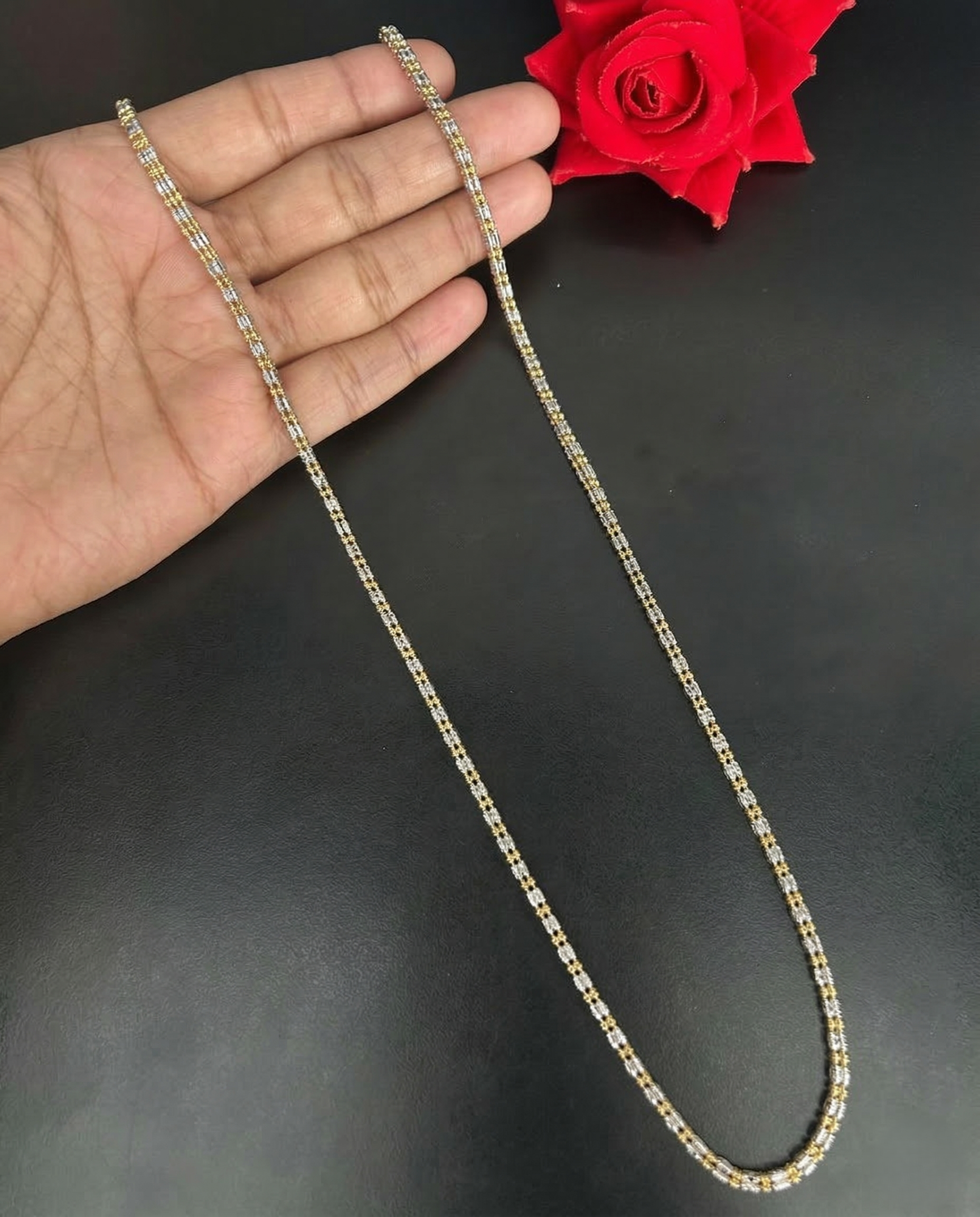 Two Tone Box Pattern Long Chain Necklace | Gold Silver Textured Chain for Women