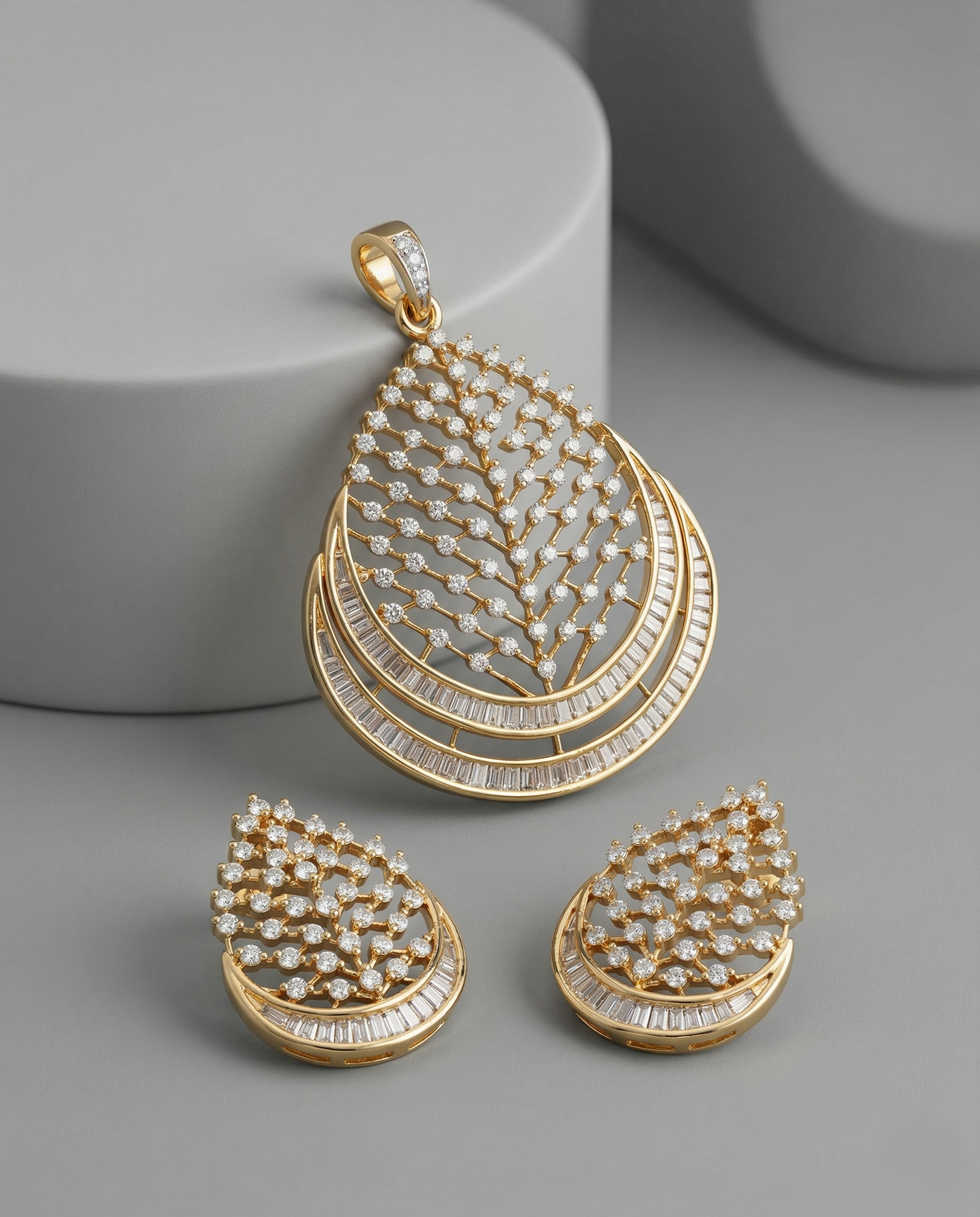 Luxury Diamond Leaf Cascade Pendant Set with Baguette Detailing