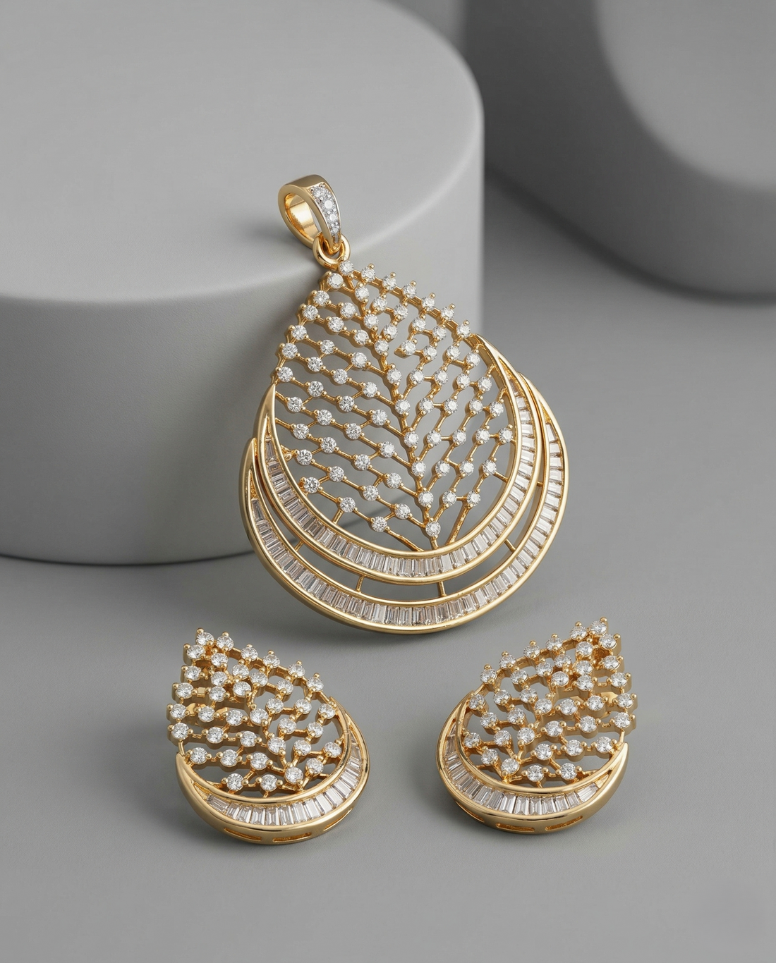 Luxury Diamond Leaf Cascade Pendant Set with Baguette Detailing