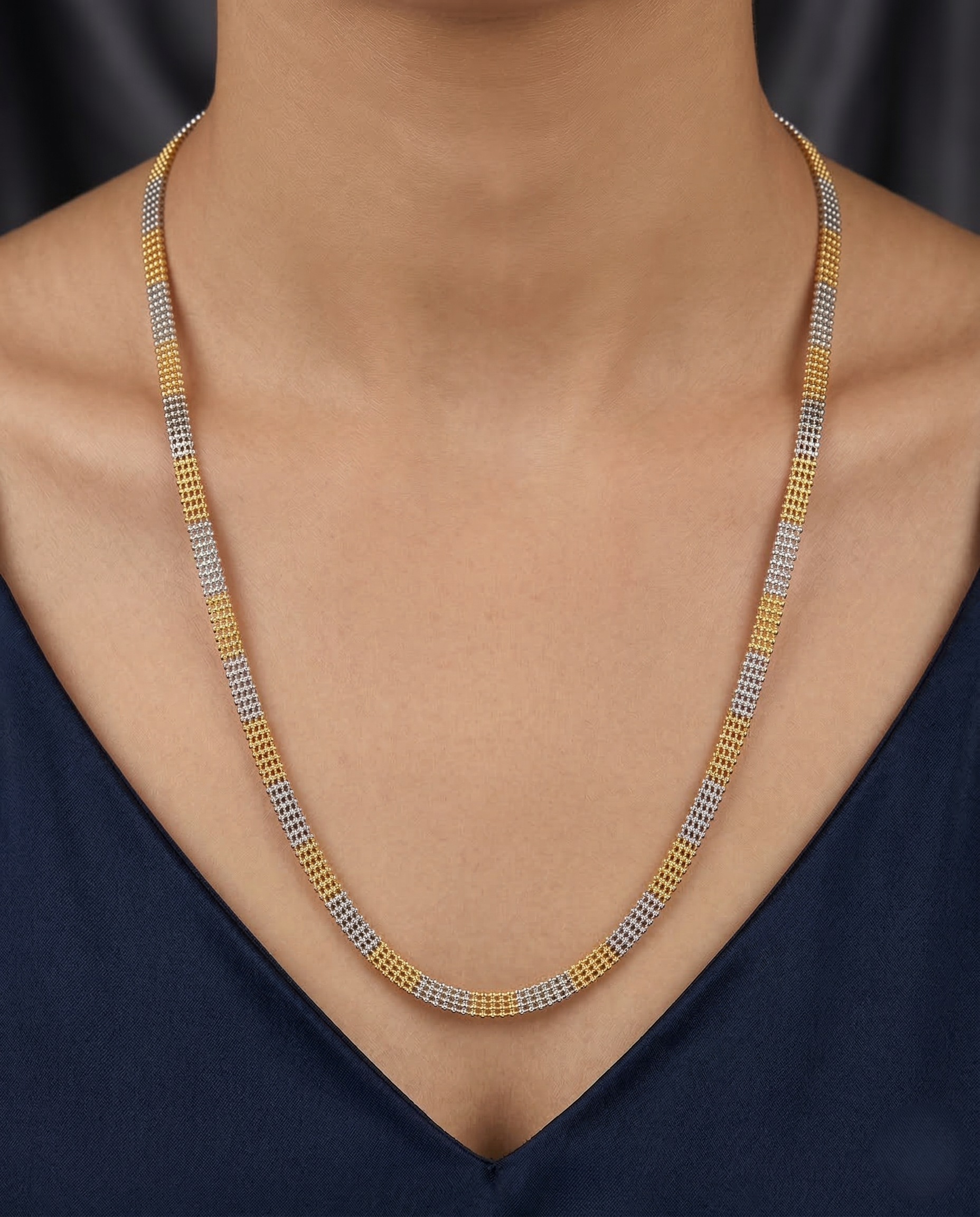 Two Tone Designer Flat Chain Necklace Gold Silver Finish